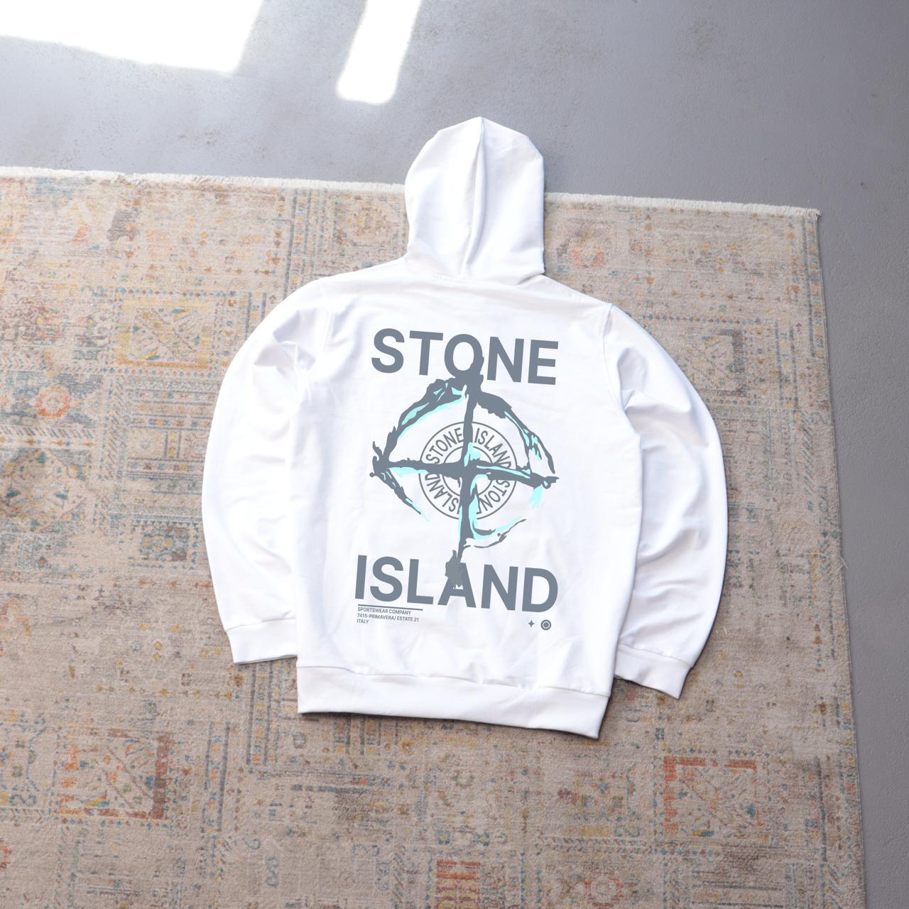 Худи STONE ISLAND-LOGO COMPASS осень мужское белое двунитка практичное трикотажное с капюшоном для отдыха