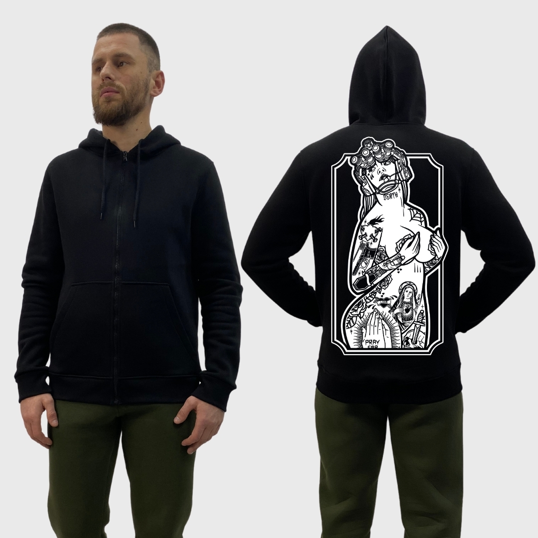 Чоловічий зіп-худі на флісі з принтом Sunset Goons дівчина тату прикриває груди, Чорний