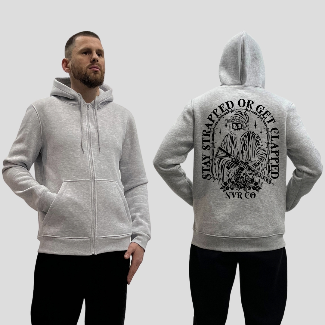 Чоловічий зіп-худі на флісі з принтом Sunset Goons stay strapped or get clapped скелет стрілок, Сірий