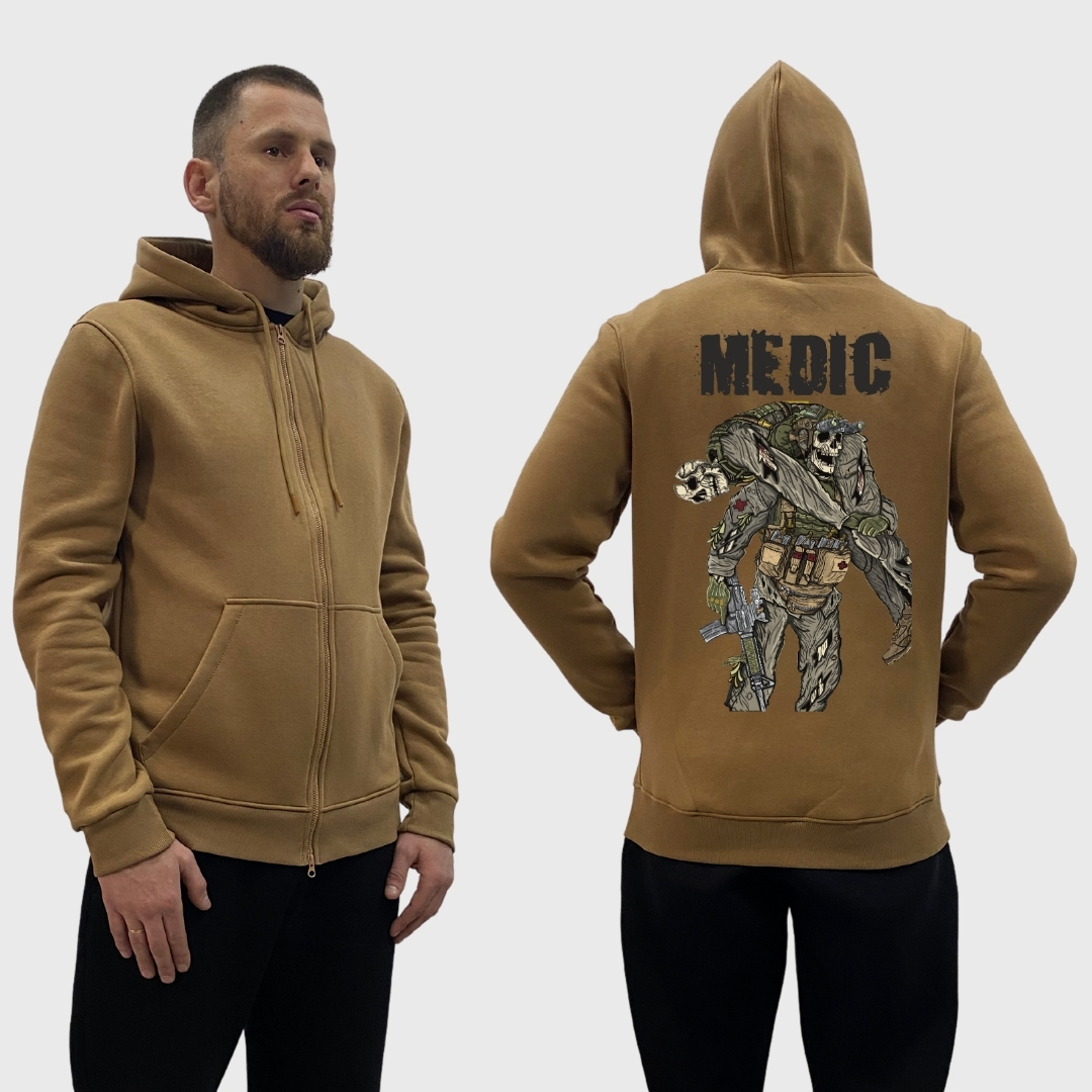 Чоловічий зіп-худі на флісі з принтом Medic військовий медик скелет витягає пораненого, Койот