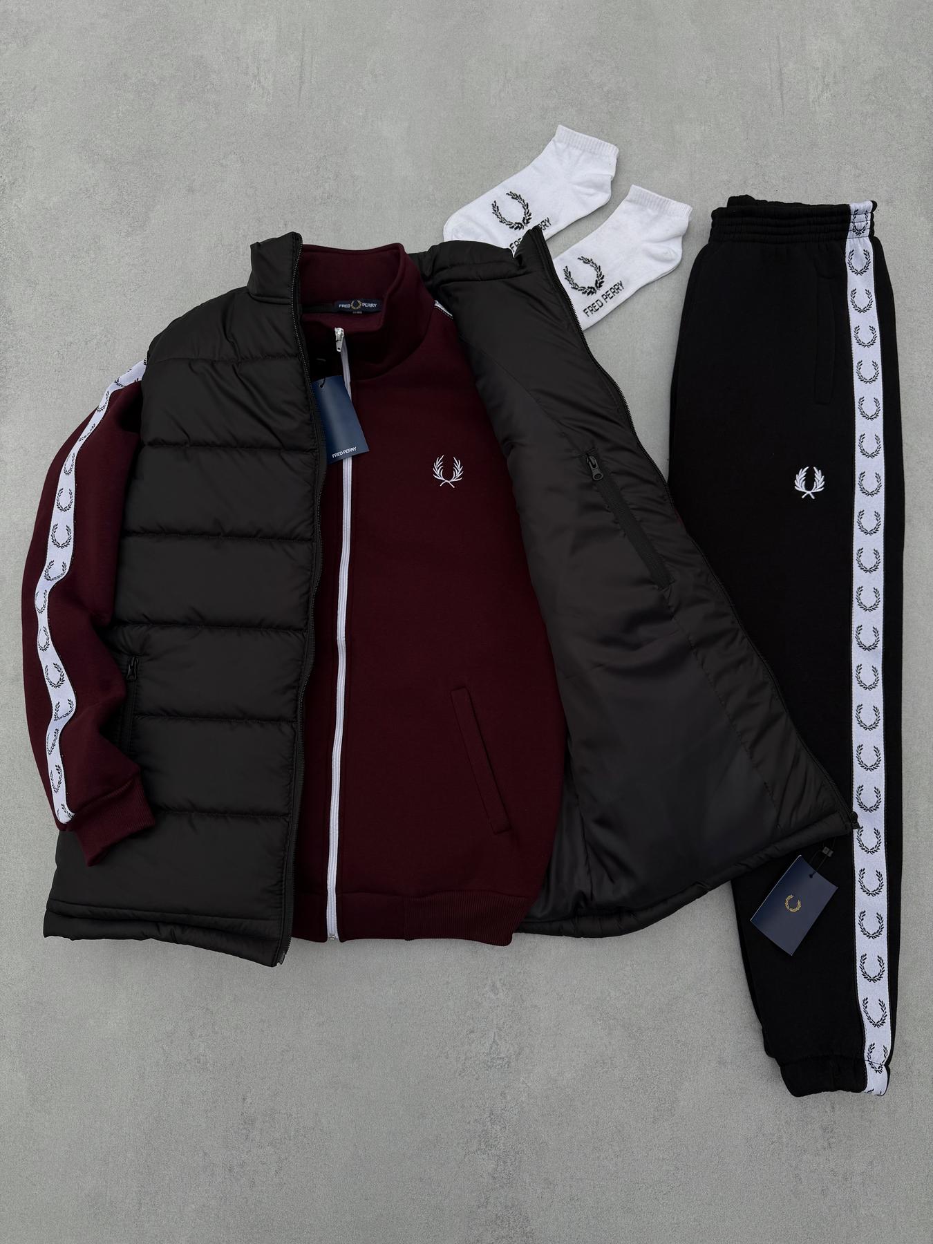 Набор Зима Fred Perry черный жилет бордо кофта черные штаны лампас унисекс хлопковый теплый для дома комплект