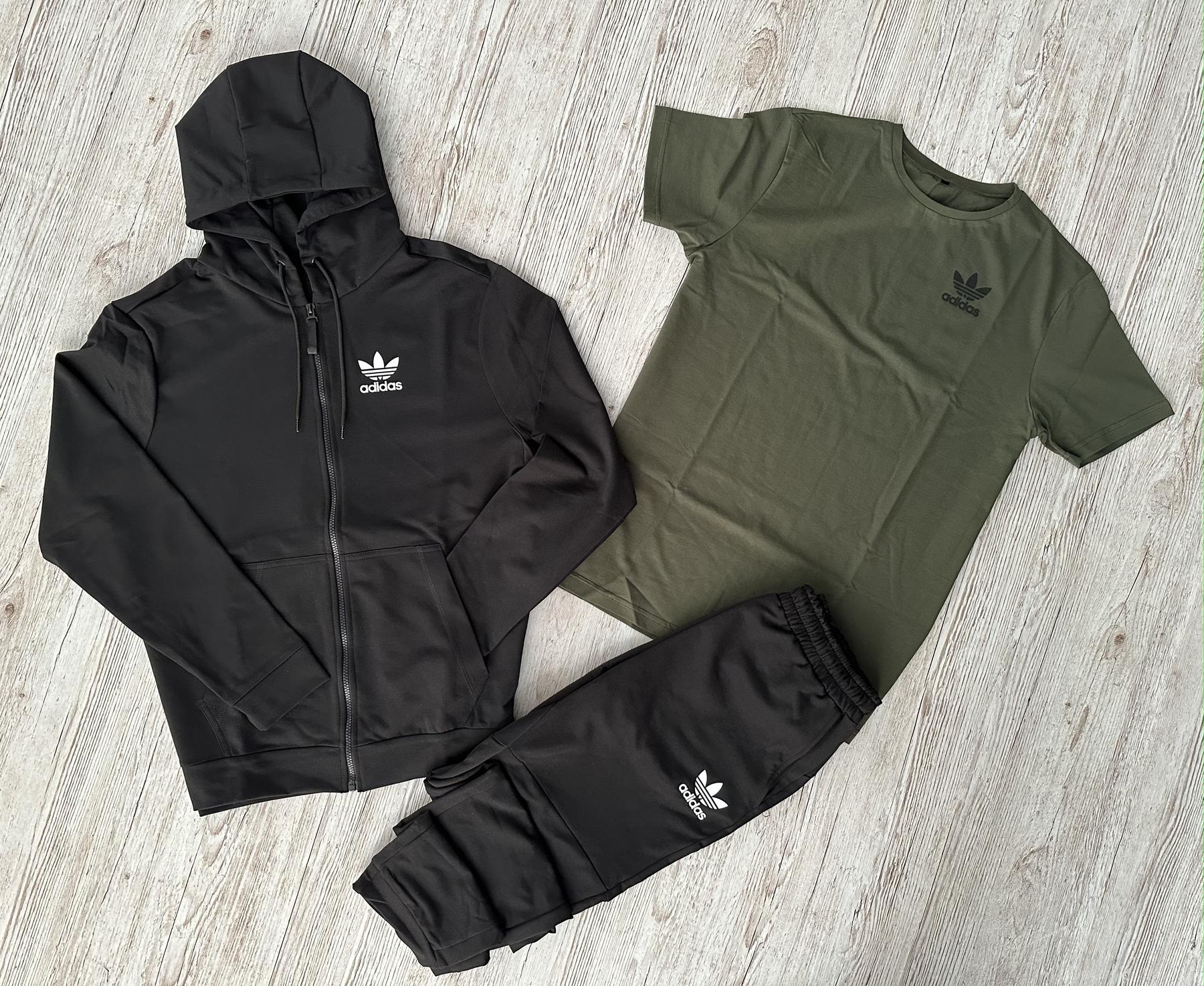 Демисезонный спортивный костюм Adidas черная кофта на молнии + штаны (двонитка) + Футболка хаки Adidas +