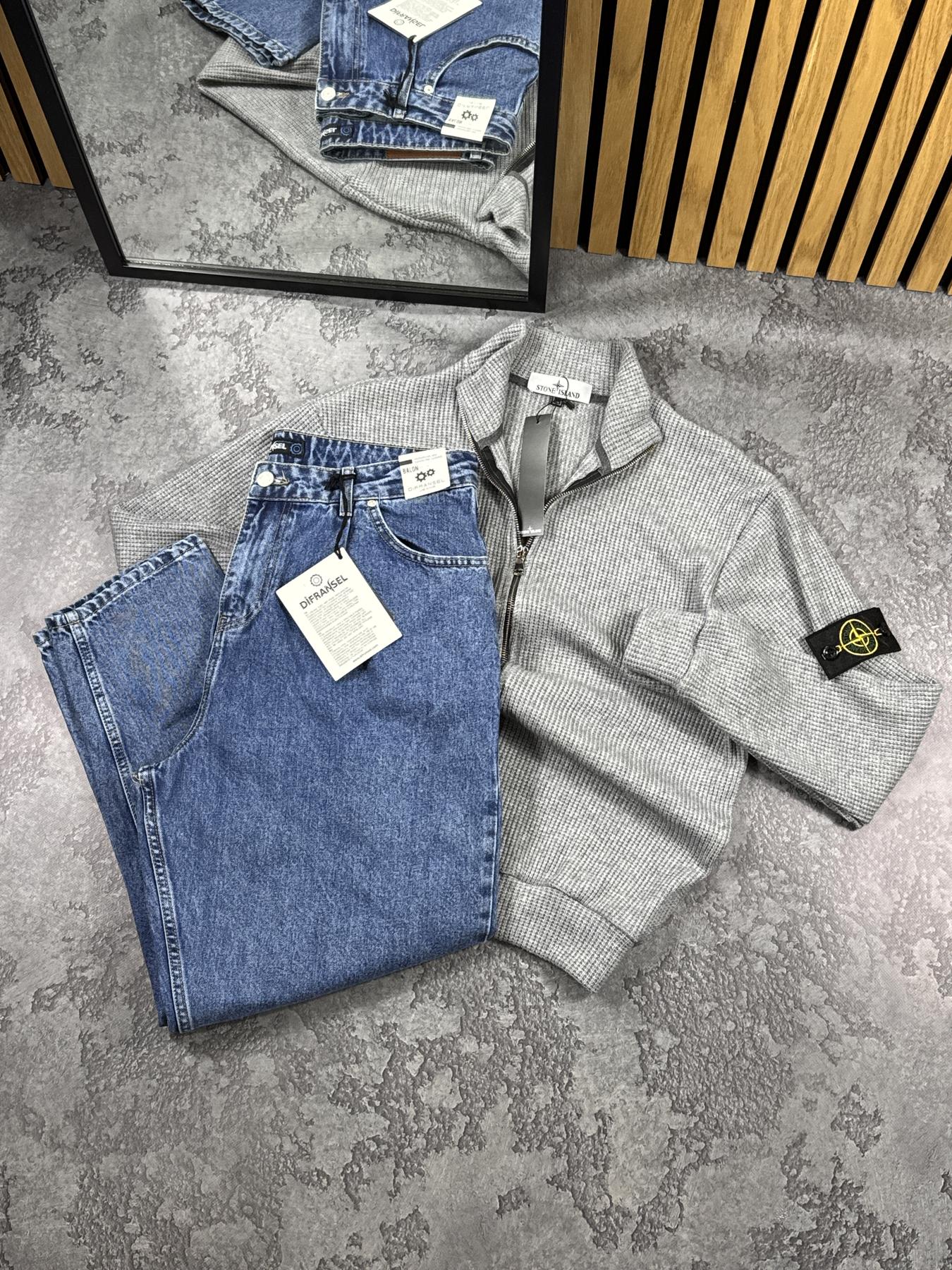 Комплект Кофта вязаная Stone Island + Джинсы Jogger серый демисезонный практичный в стиле casual костюм