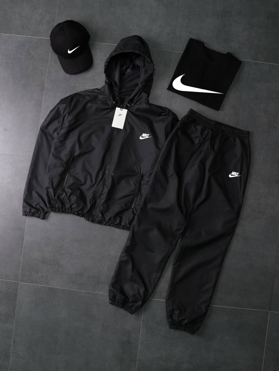 Костюм чорний з плащівки Вітровка+Штани +Футболка чорна+Кепка чорна Nike-мал демісезонний трендовий комплект