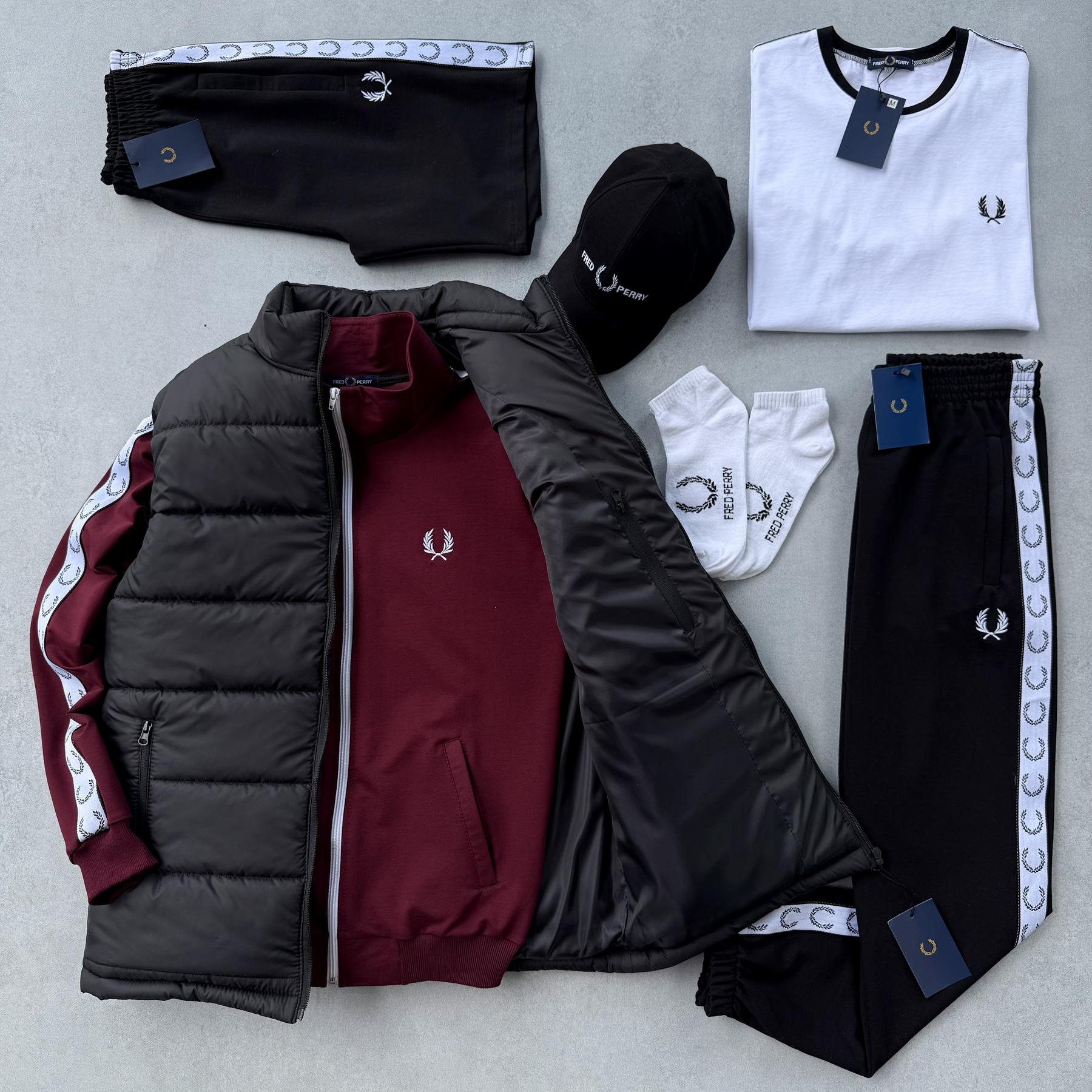 Набор 8в1 Fred Perry жилет кофта бордовая штаны футболка белая шорты кепка унисекс хлопковый всесезонный