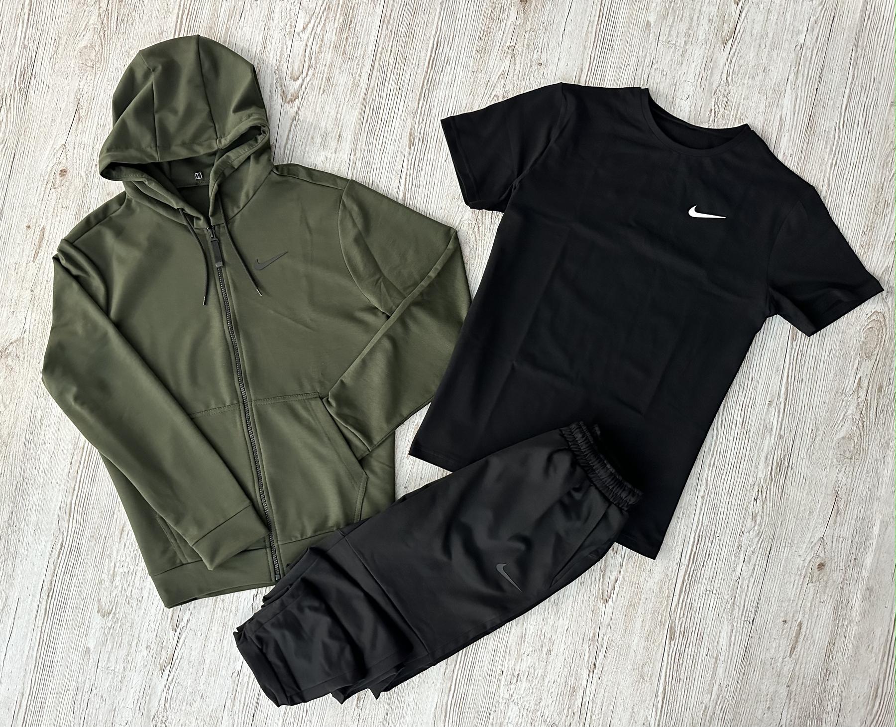 Демисезонный спортивный костюм Nike кофта на молнии хаки + штаны (двонитка) + Футболка черная Nike + Жилетка