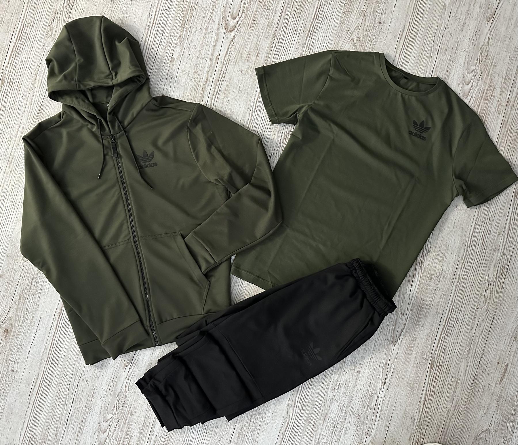 Демисезонный спортивный костюм Adidas кофта на молнии хаки + штаны (двонитка) + Футболка хаки Adidas +