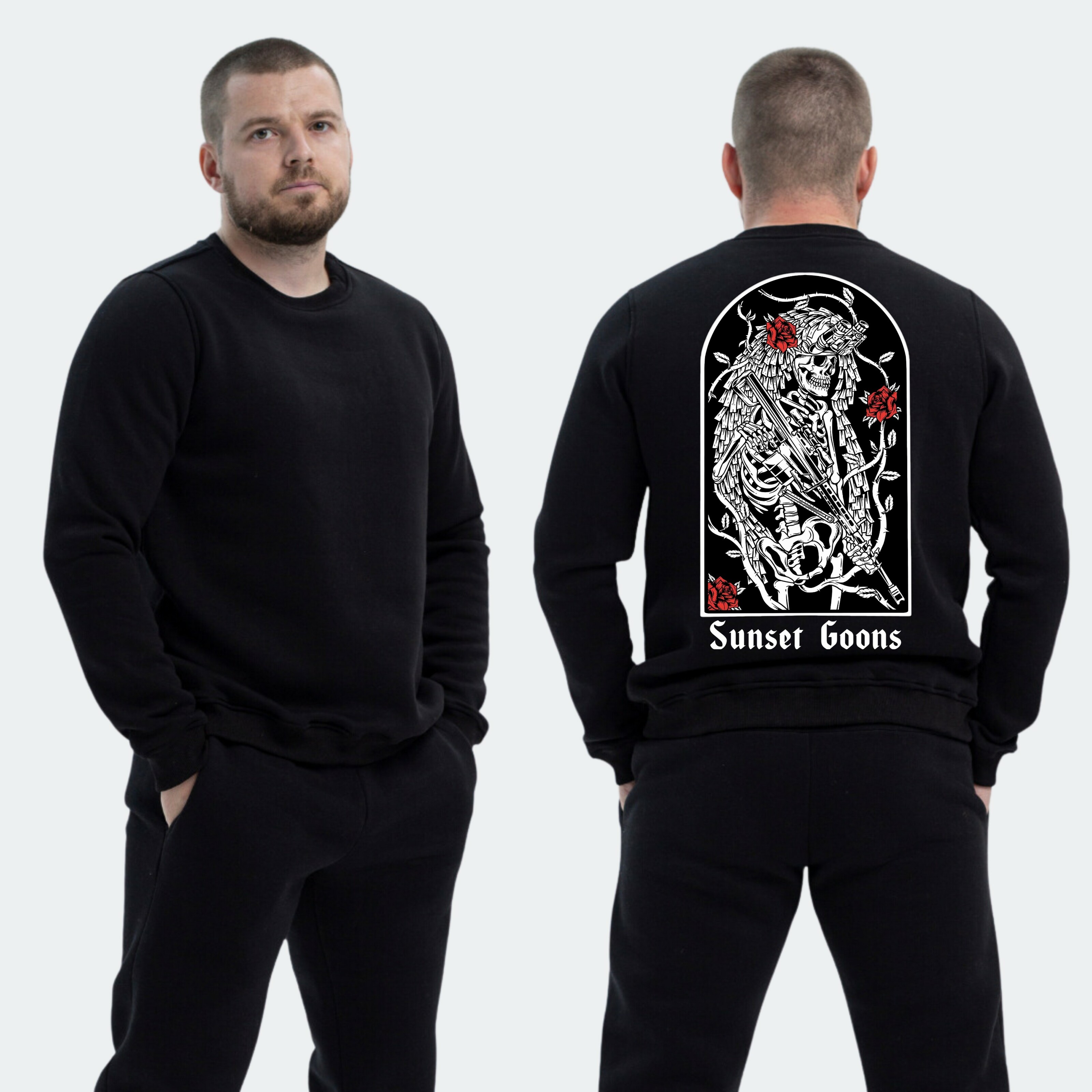 Чоловічий світшот на флісі з принтом Sunset Goons скелет снайпер та троянди, Чорний