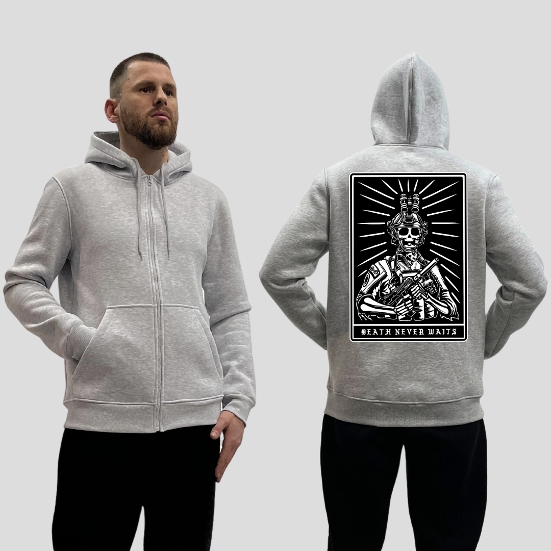 Чоловічий зіп-худі на флісі з принтом Sunset Goons death never waits карта скелет , Сірий