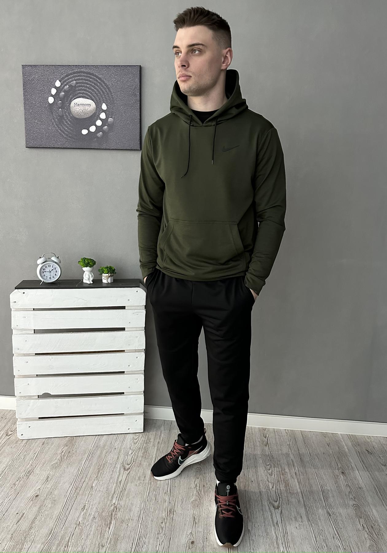 Демисезонный спортивный костюм Nike худи хаки + штаны (двонитка) + Футболка черная Nike мужской двунитка