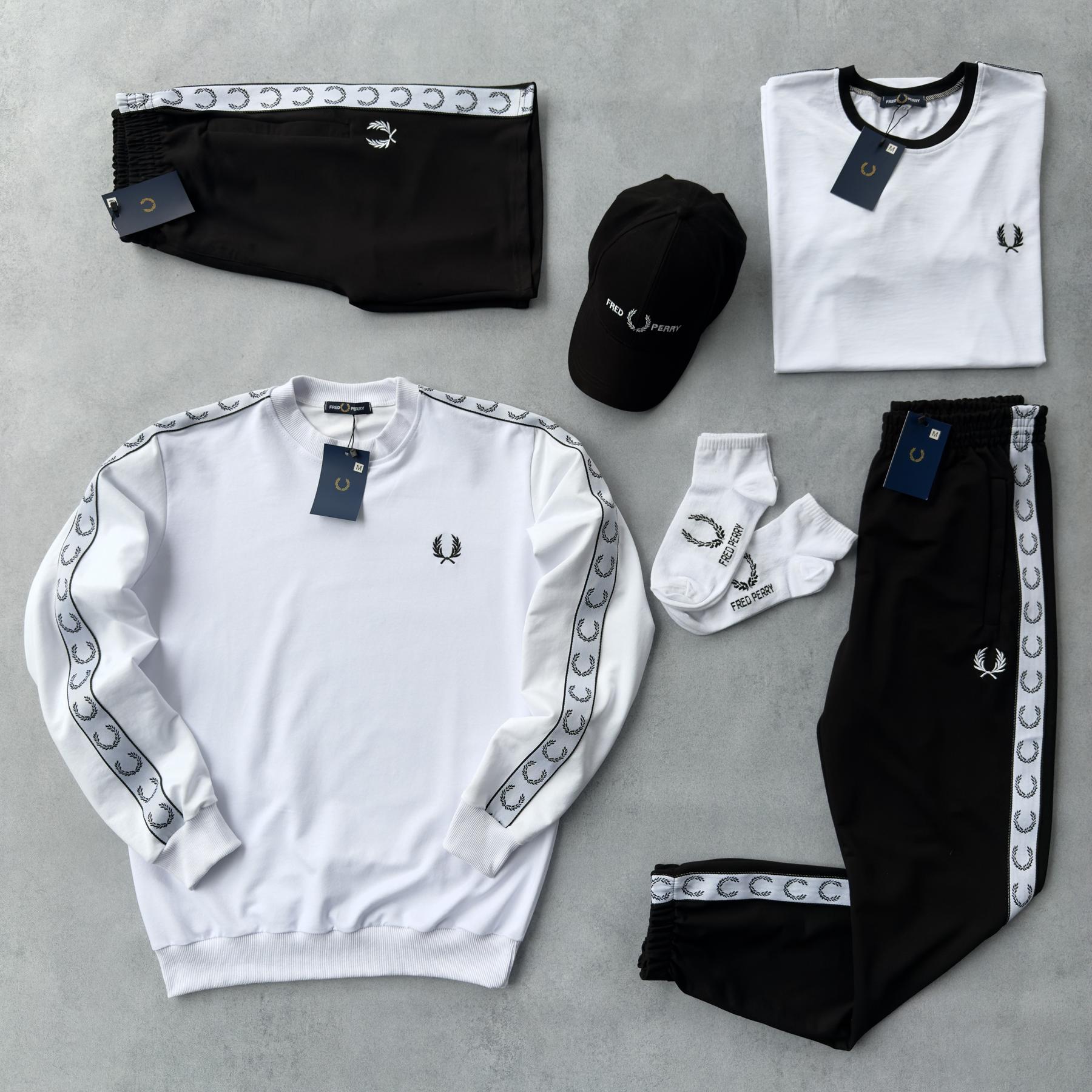 Набор 7в1 Fred Perry свитшот футболка черные штаны шорты кепка унисекс хлопковый всесезонный модный с вышивкой