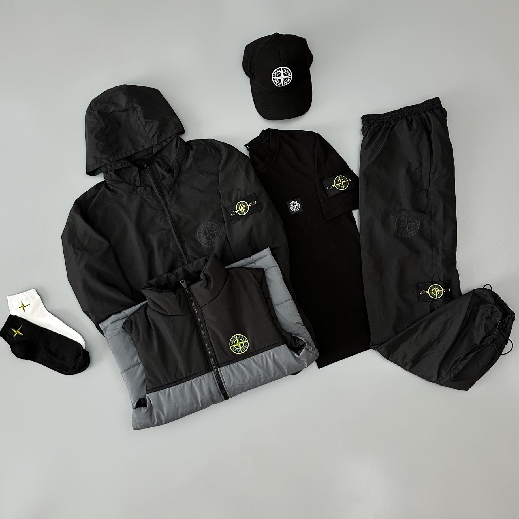 Костюм с плащевки+ футболка(черная)+кепка+жилетка+носки в подарок Stone Island черный демисезонный с вышивкой