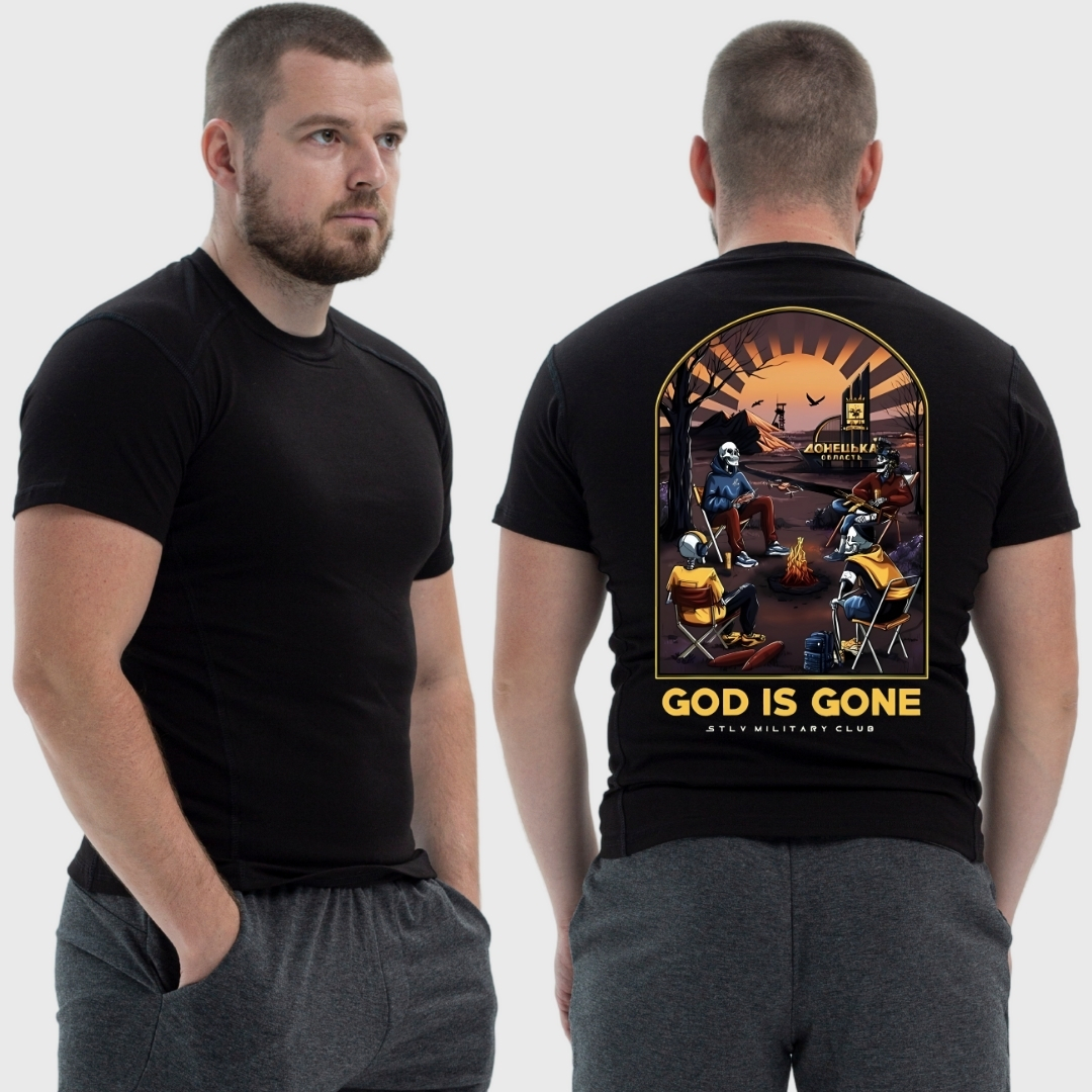 Чоловіча тактична футболка з принтом Sunset Goons Бог пішов скелети біля вогнища, Чорний
