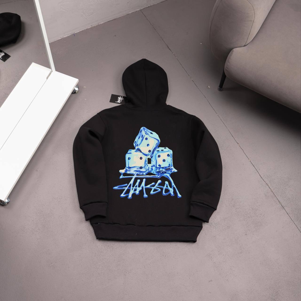 Худи STUSSY-ICE флис мужское черное всесезонное трендовое и повседневное с капюшоном для отдыха