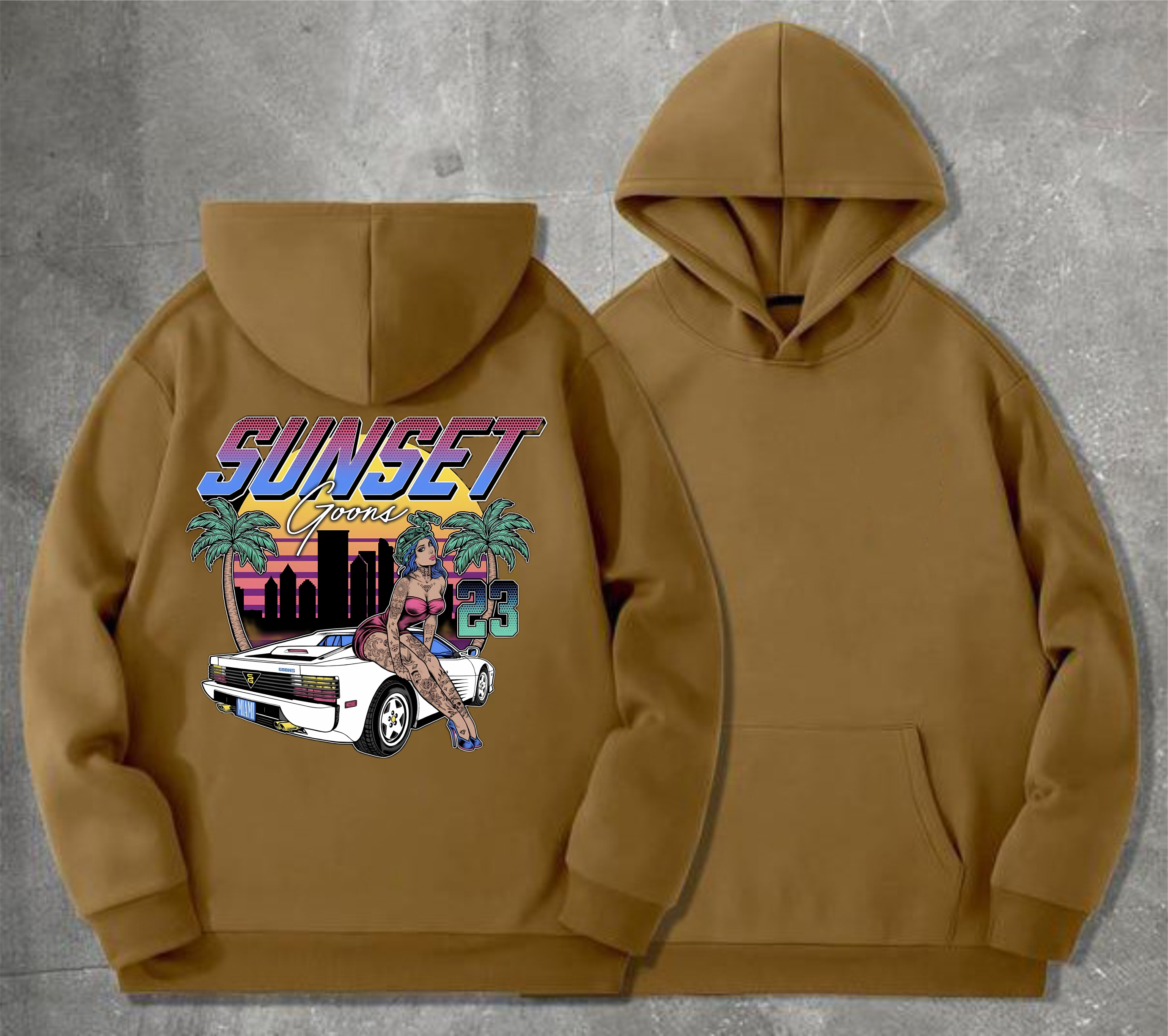 Худі чоловічий на флісі з принтом Sunset Goons Дівчина та авто , Койот