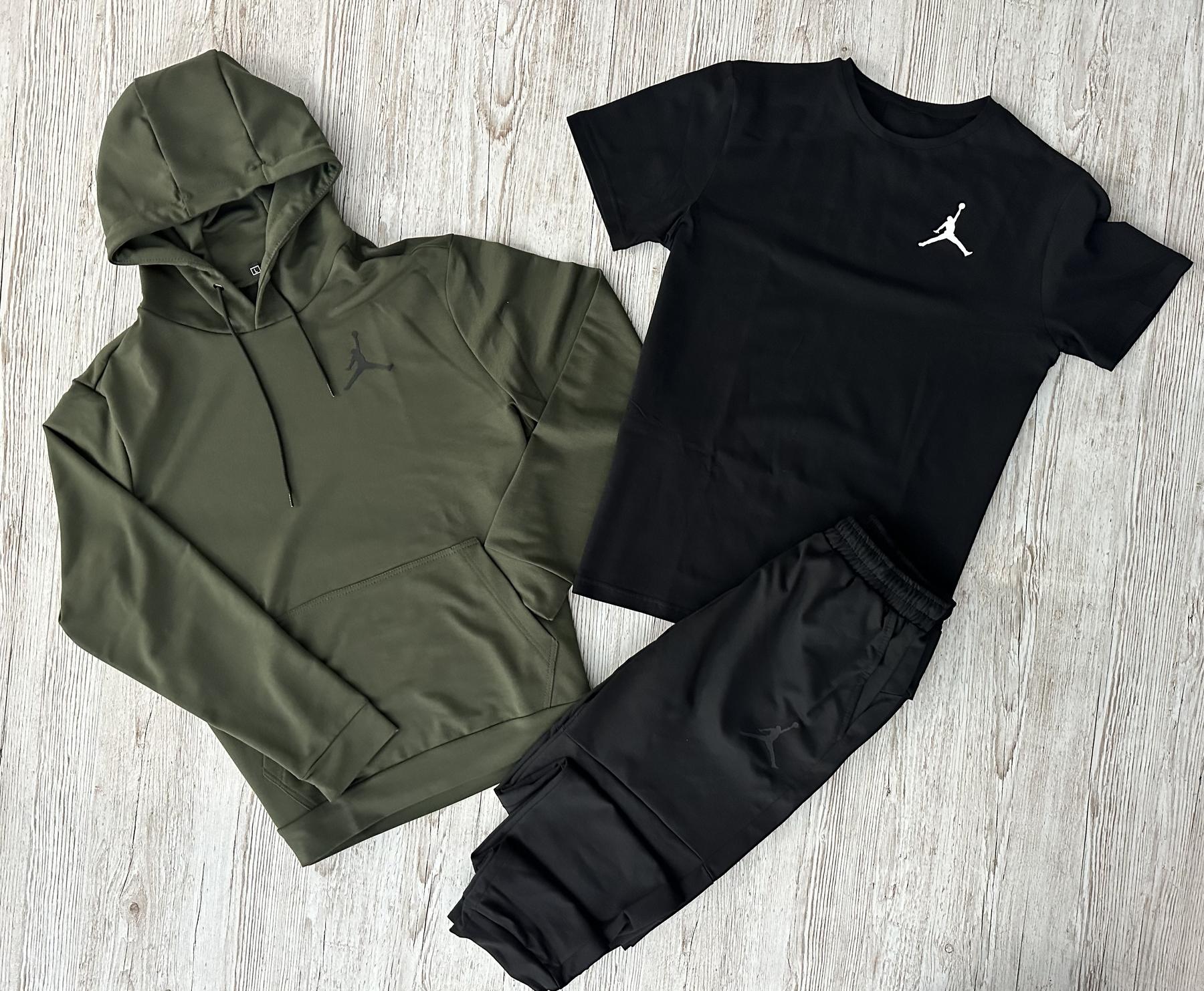 Демисезонный спортивный костюм Jordan худи хаки + штаны (двонитка) + Футболка черная Jordan + Жилетка + Носки