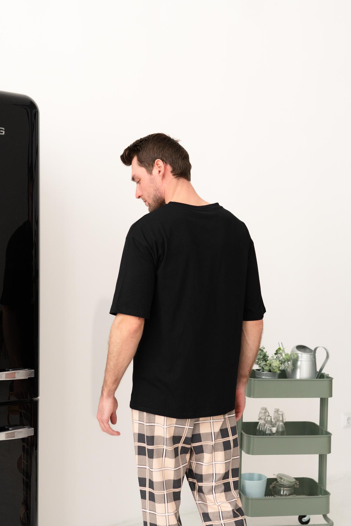 Піжама Every day з прінтом NI бавовняна(штани+футболка), клітина беж - фото 2
