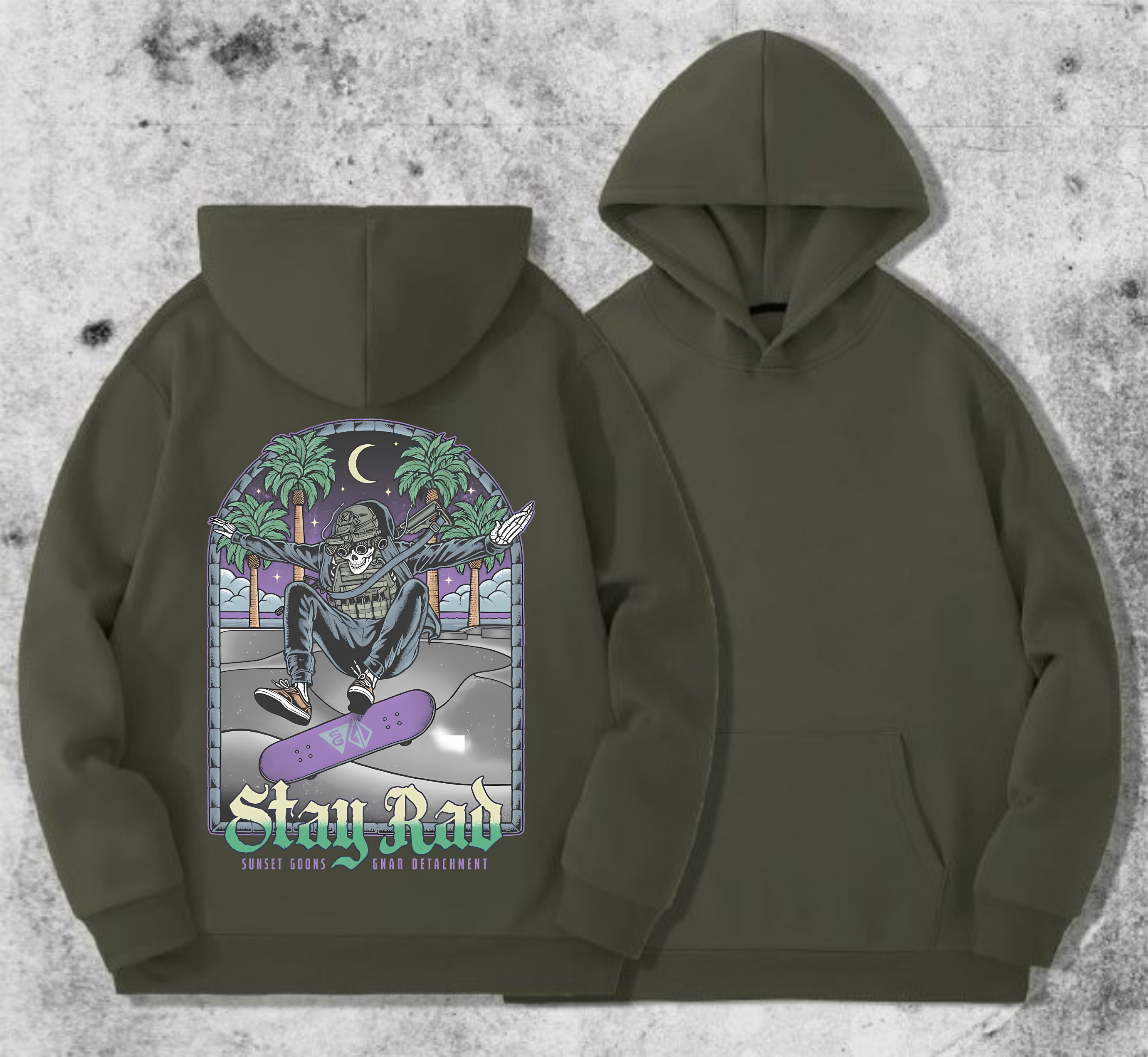 Худі чоловічий на флісі з принтом Sunset Goons stay rad залишайся щасливим , Хакі