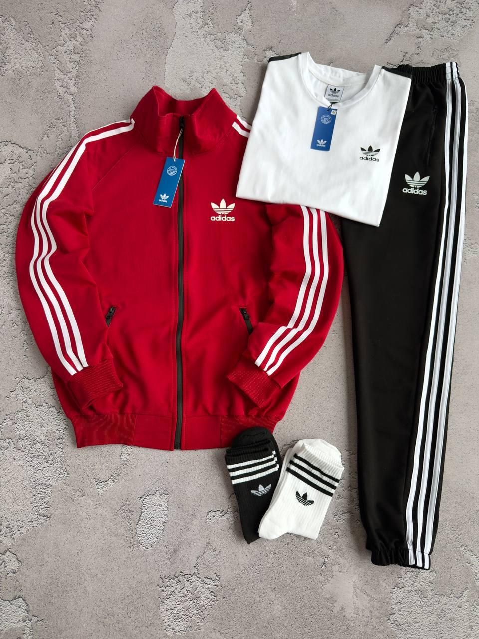Набор Adidas кофта красная штаны черные футболка белая хлопковый всесезонный актуальный и красивый комплект