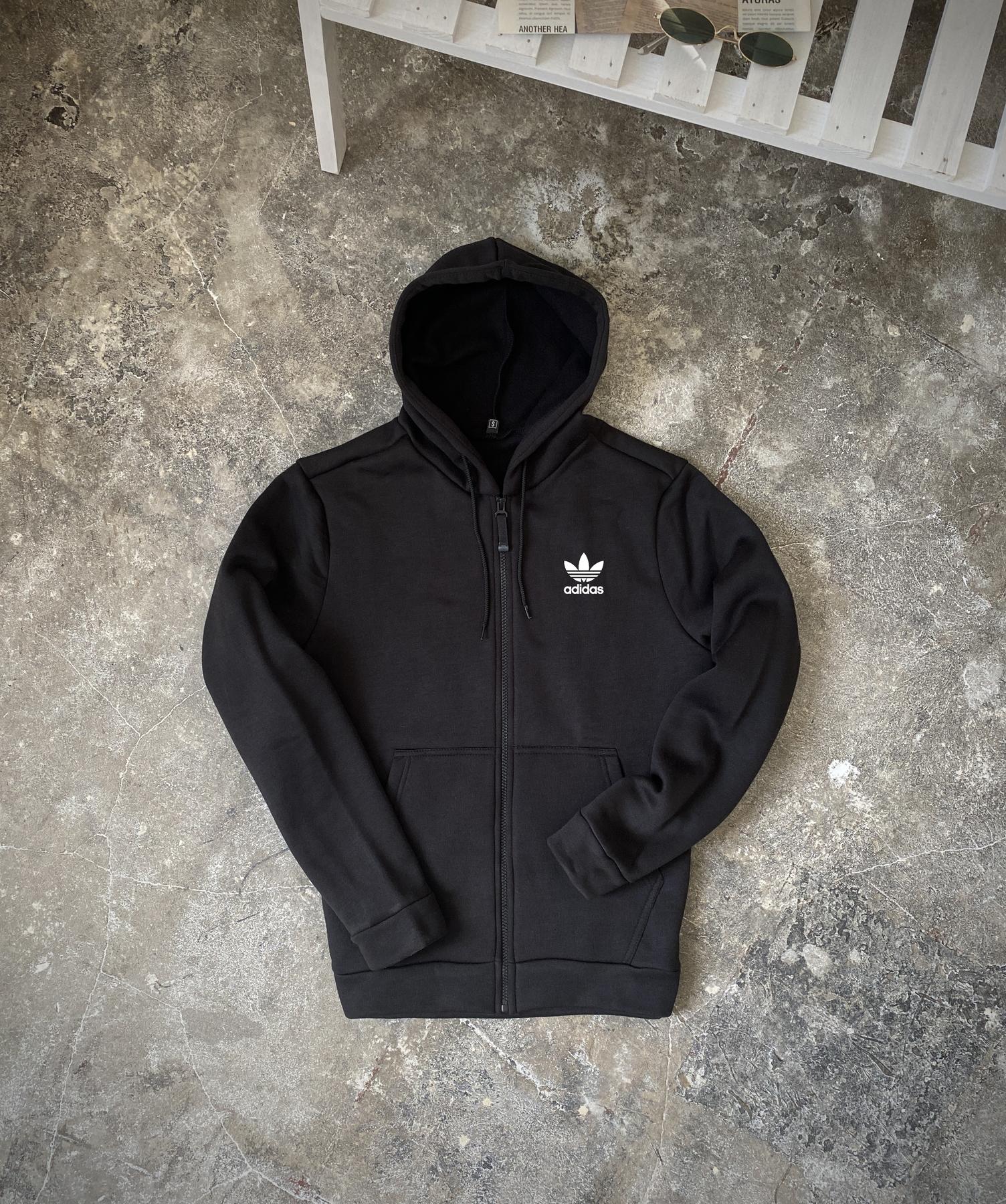 Зимняя кофта на молнии с начосом Adidas мужская черная трехнитка стильная и актуальная с капюшоном реглан