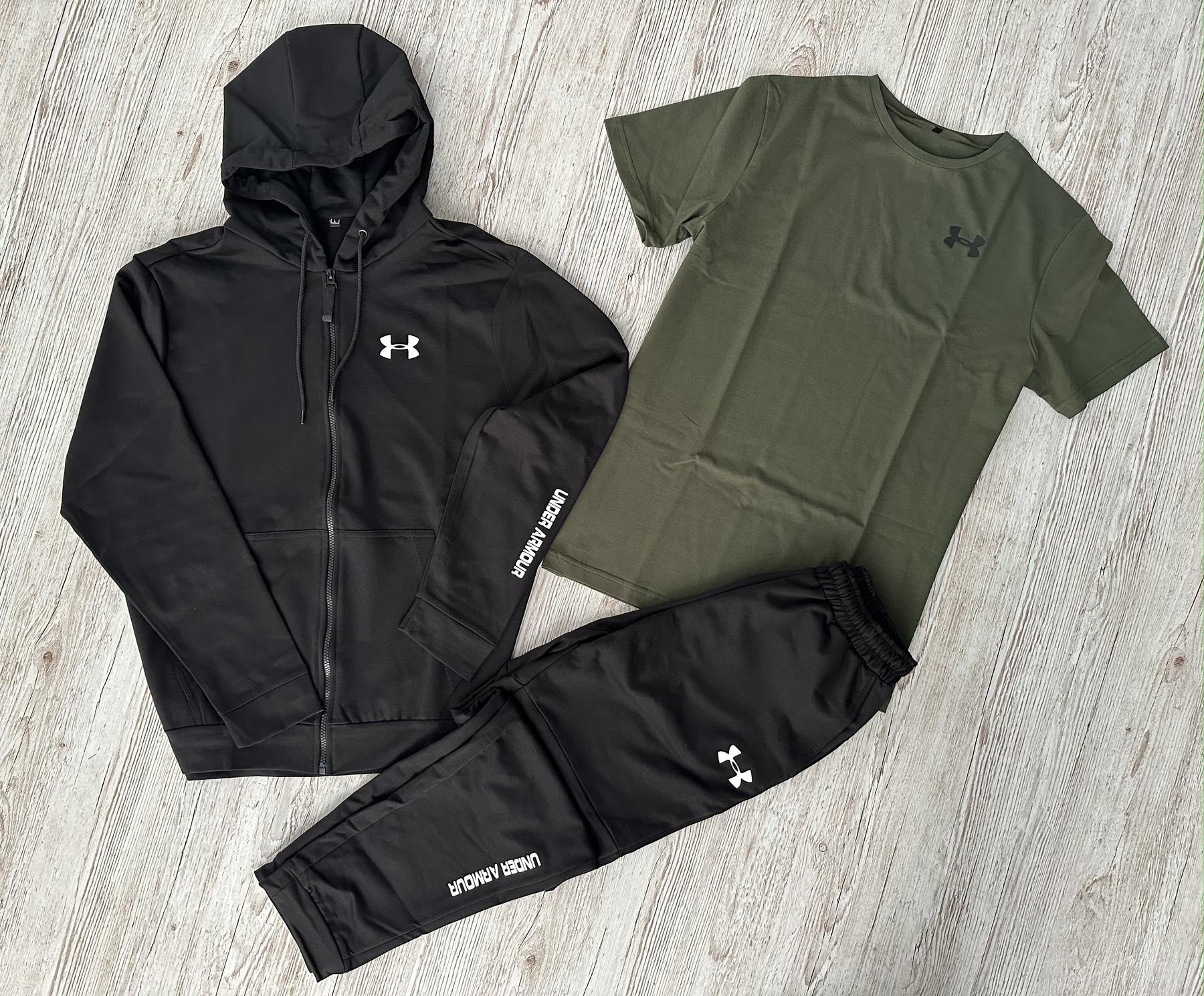 Демисезонный спортивный костюм Under Armour черная кофта на молнии + штаны (двонитка) + Футболка хаки Under