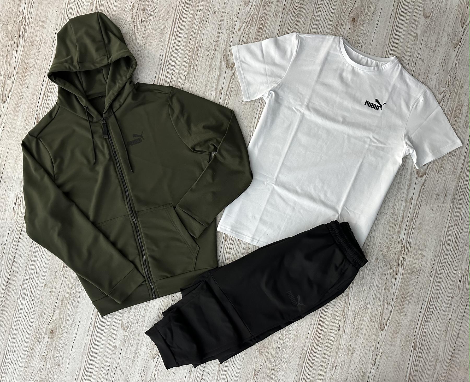 Демисезонный спортивный костюм Puma кофта на молнии хаки + штаны (двонитка) + Футболка белая Puma + Жилетка +