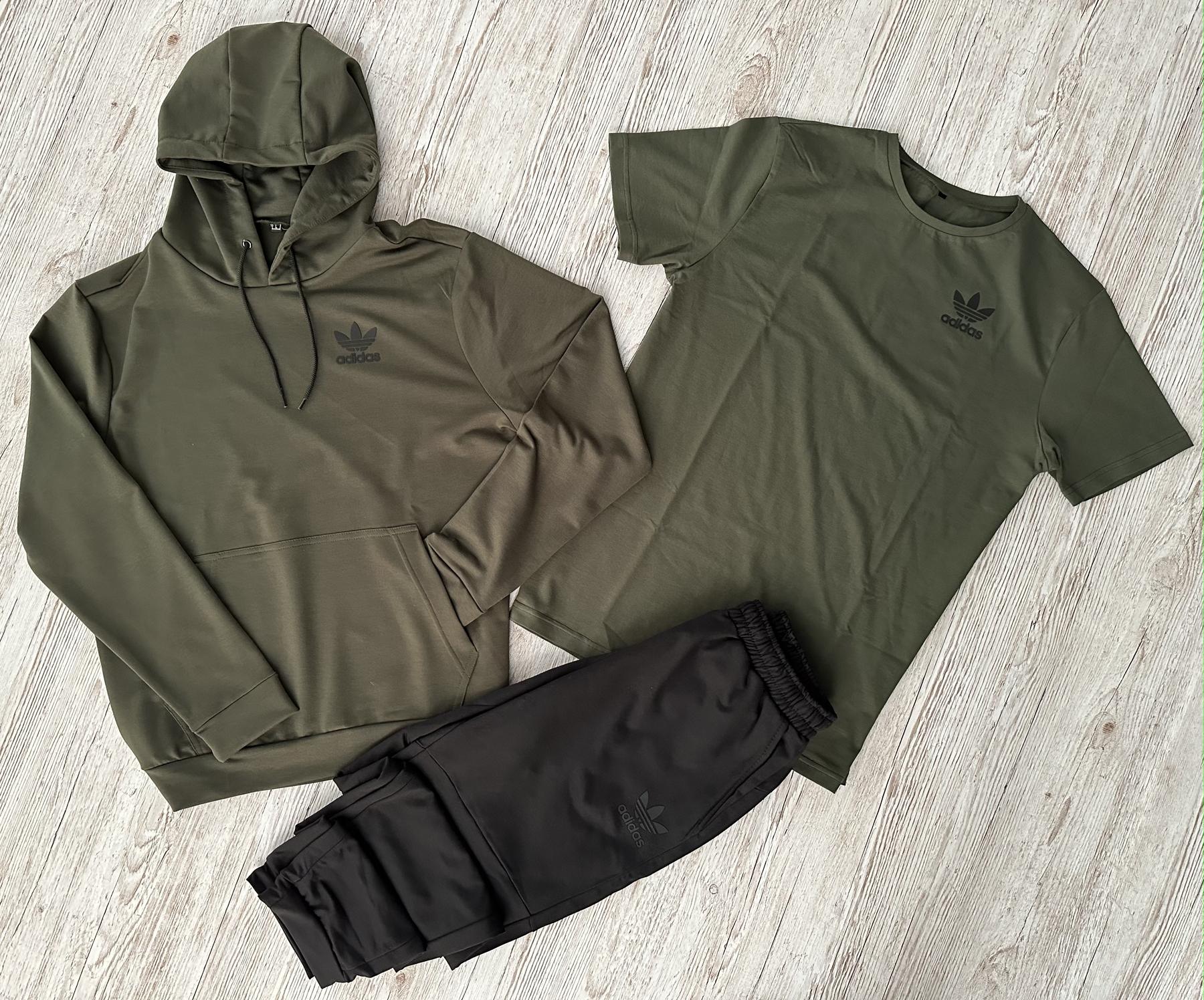 Демісезонний спортивний костюм Adidas худі хакі + штани (двонитка) + Футболка хакі Adidas + Жилетка + Шкарпетки 2 пари (чорні
