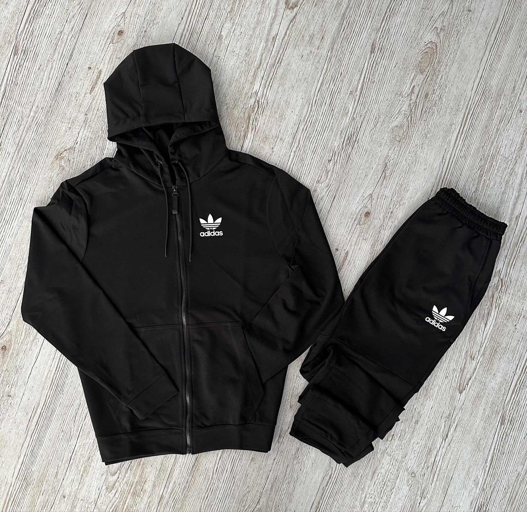 Демисезонный спортивный костюм Adidas черная кофта на молнии + штаны (двонитка) + Футболка черная Adidas