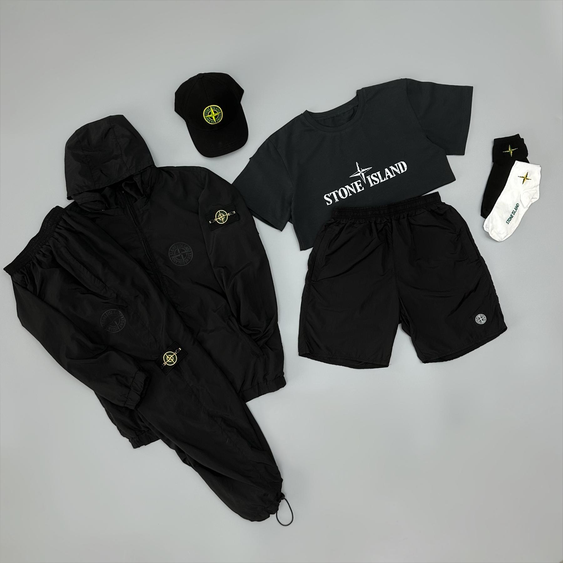 Костюм з плащівки Stone Island + футболка графіт + кепка + шкарпетки + шорти з плащівки демісезонний з вишивкою комплект