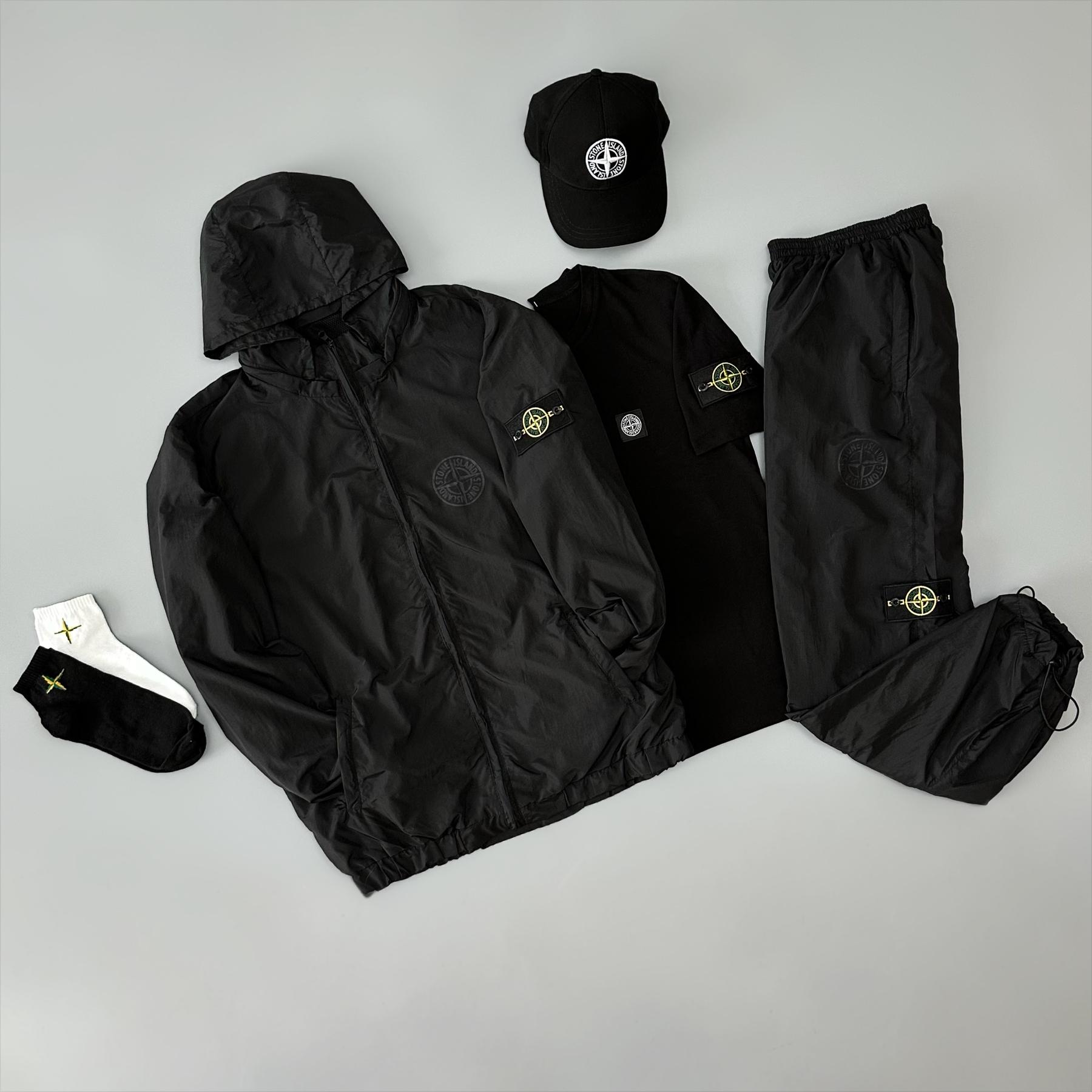Костюм з плащівки+футболка(чорна)+кепка+шкарпетки в подарунок Stone Island чорний демісезонний з вишивкою з капюшоном комплект