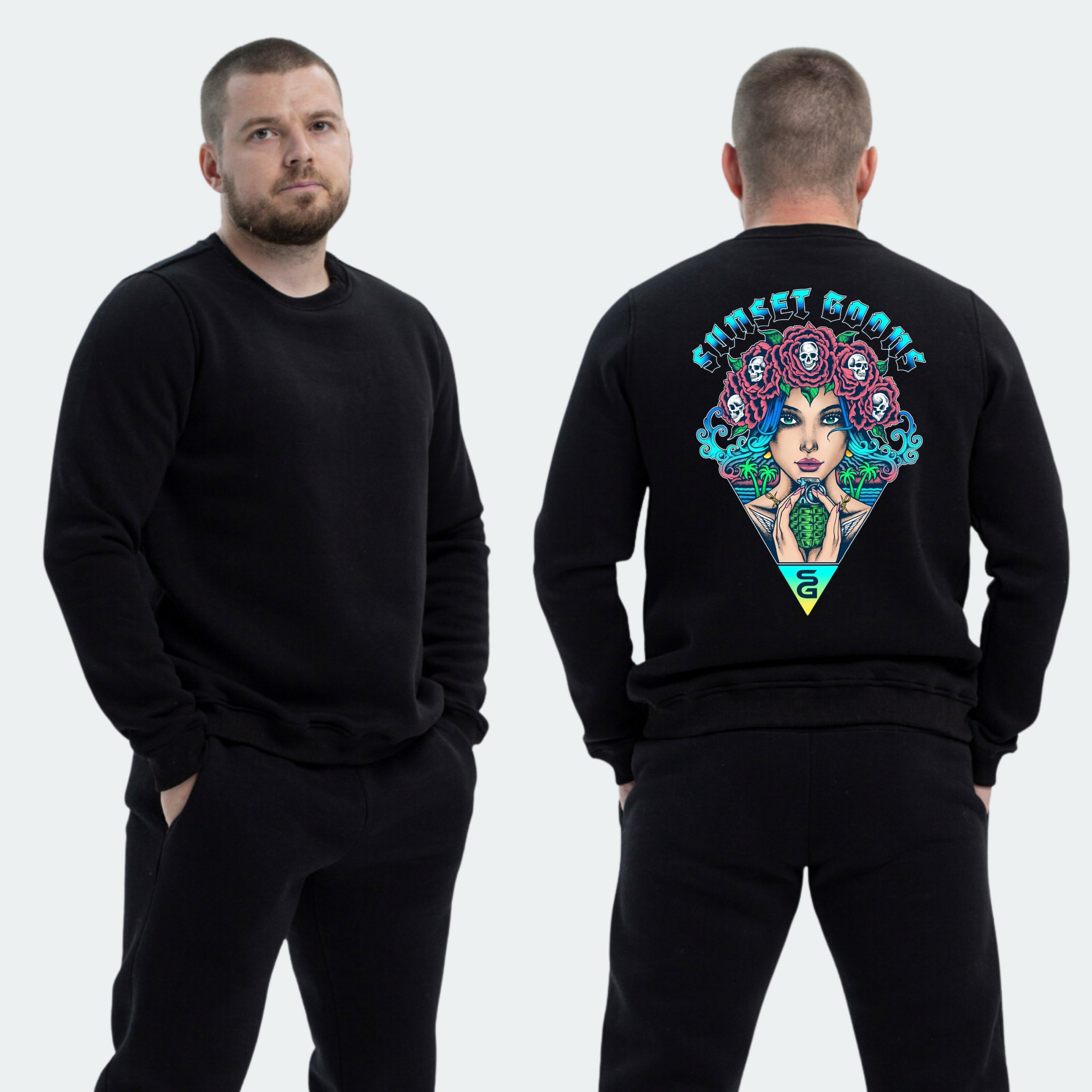 Чоловічий світшот на флісі з принтом Sunset Goons дівчина вінок з черепами, Чорний