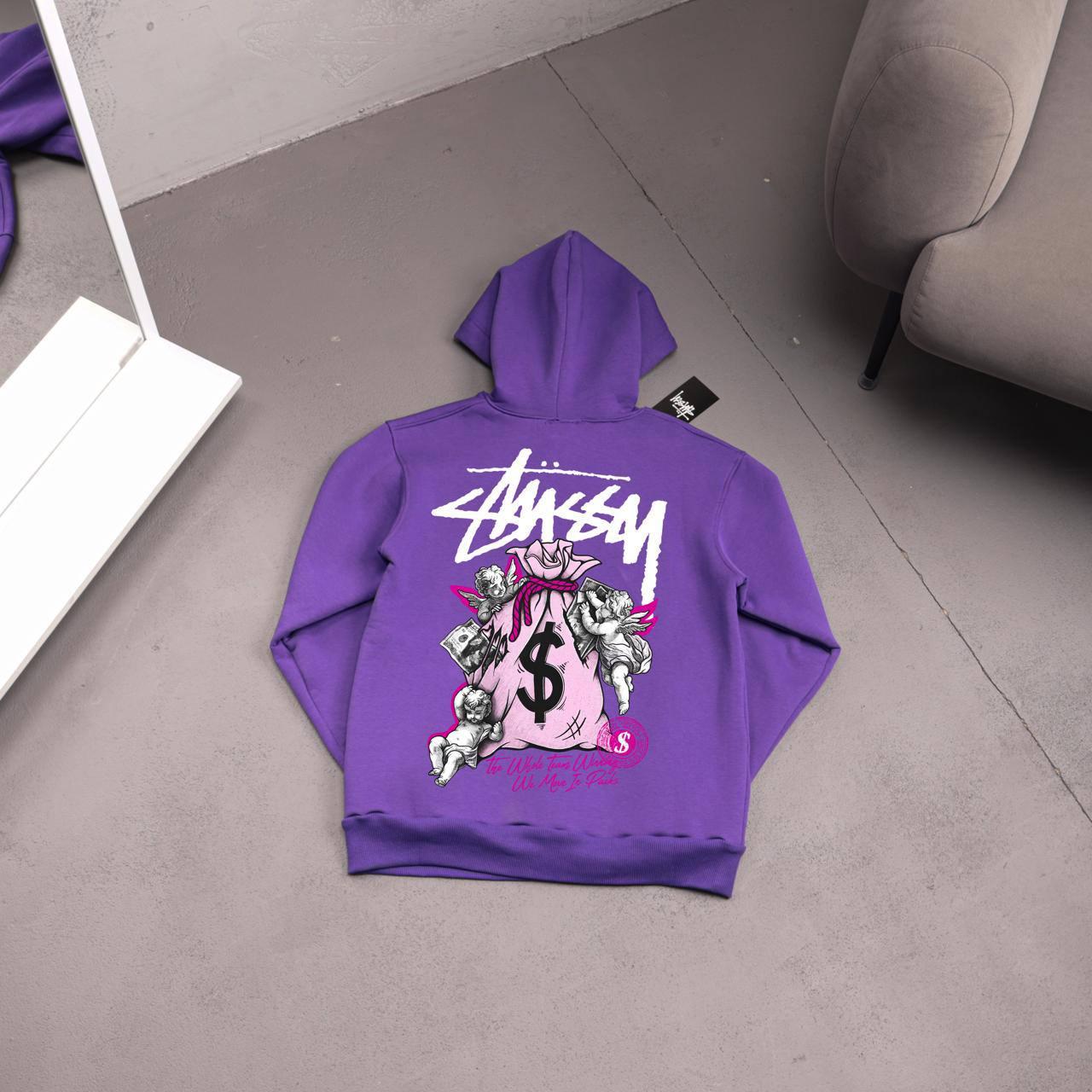 Худи фиолет STUSSY-MONEY флис мужское всесезонное практичное утепленное с капюшоном на прогулку