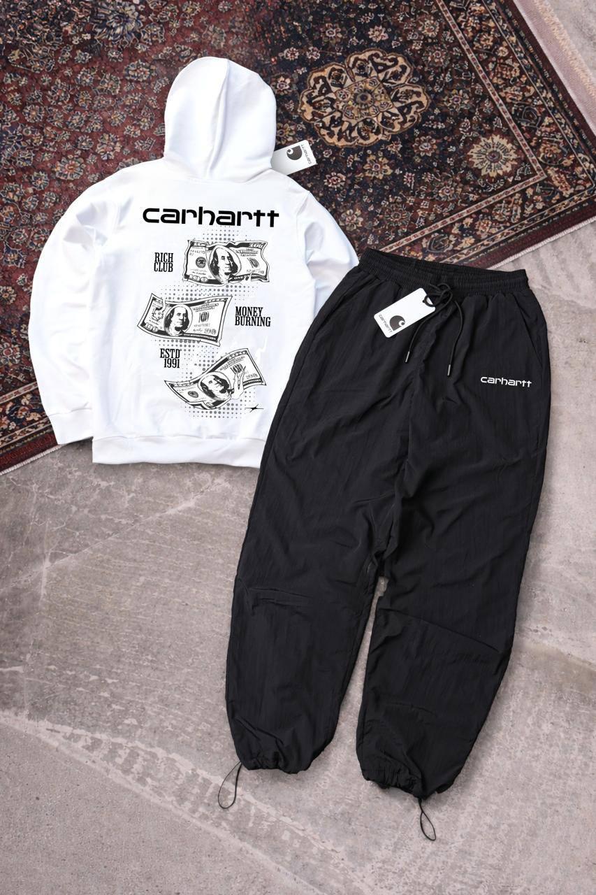 Костюм Худі (білий) двонитка+Штани чорні нейлон Весна/Осінь CARHARTT-MONEY осінь актуальний комплект