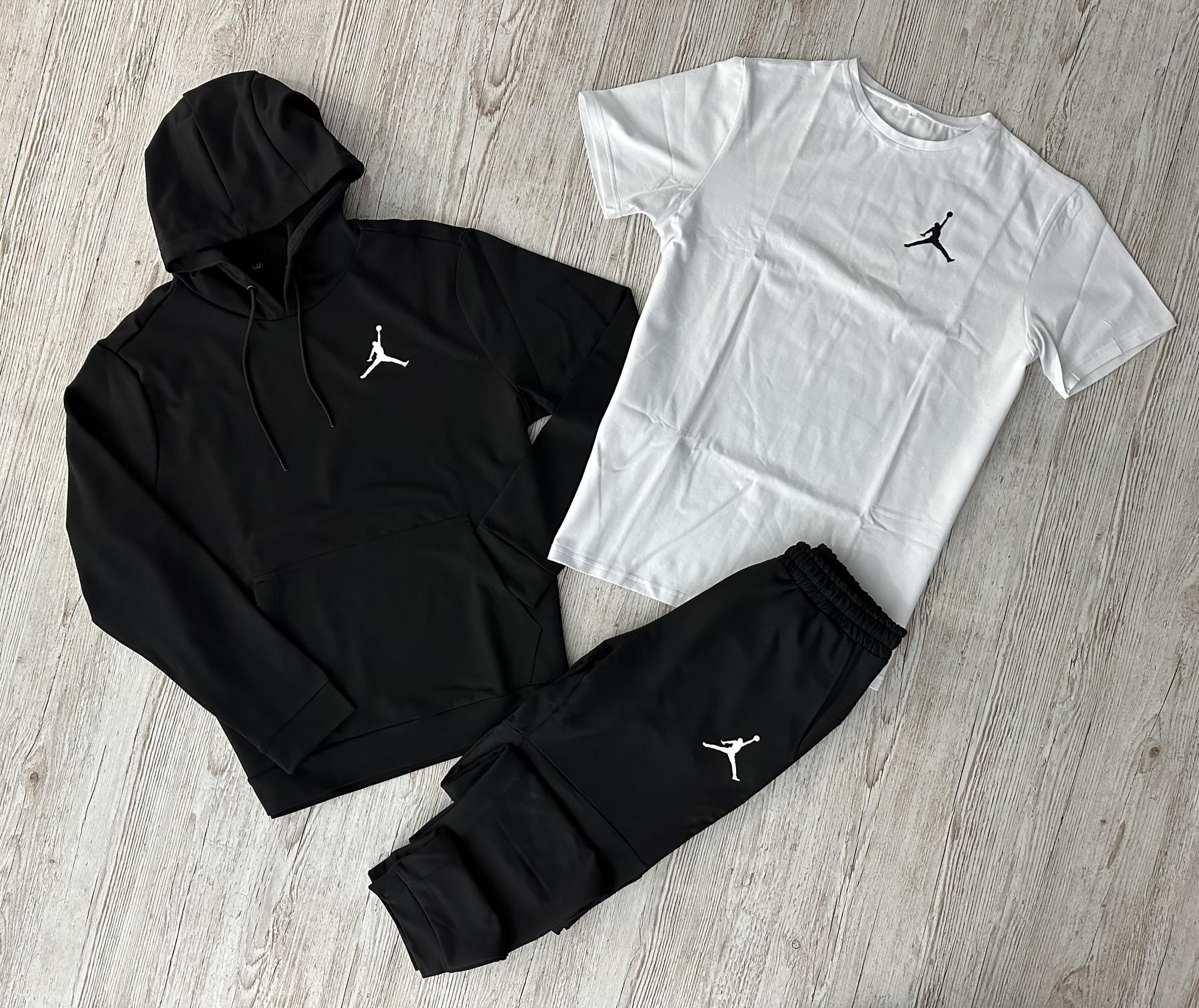 Демисезонный спортивный костюм Jordan черный худи + штаны (двонитка) + Футболка белая Jordan + Жилетка +