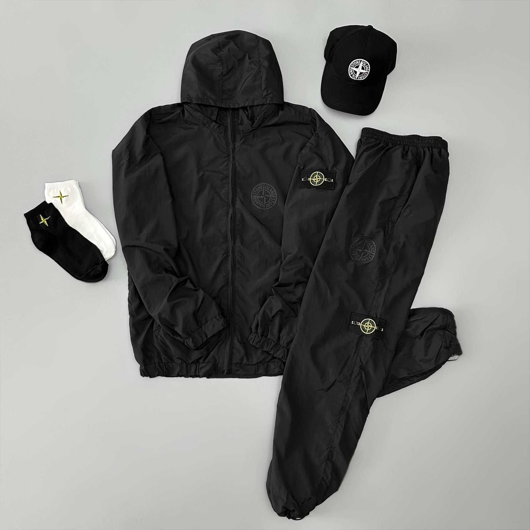 Костюм з плащівки+кепка+шкарпетки в подарунок Stone Island чорний демісезонний з вишивкою з капюшоном комплект