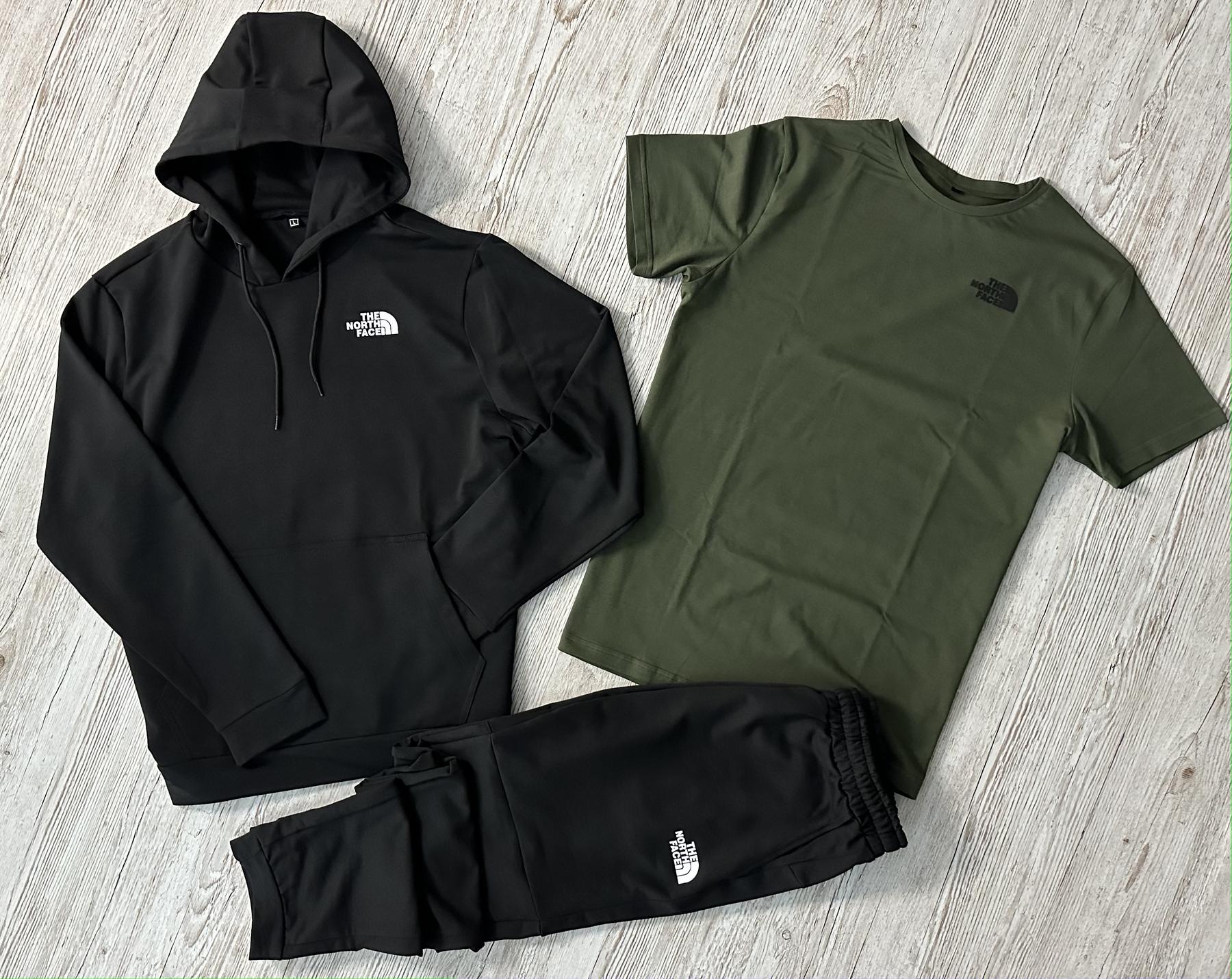 Демісезонний спортивний костюм The North Face чорний худі + штани (двонитка) + Футболка хакі The North Face + Жилетка +