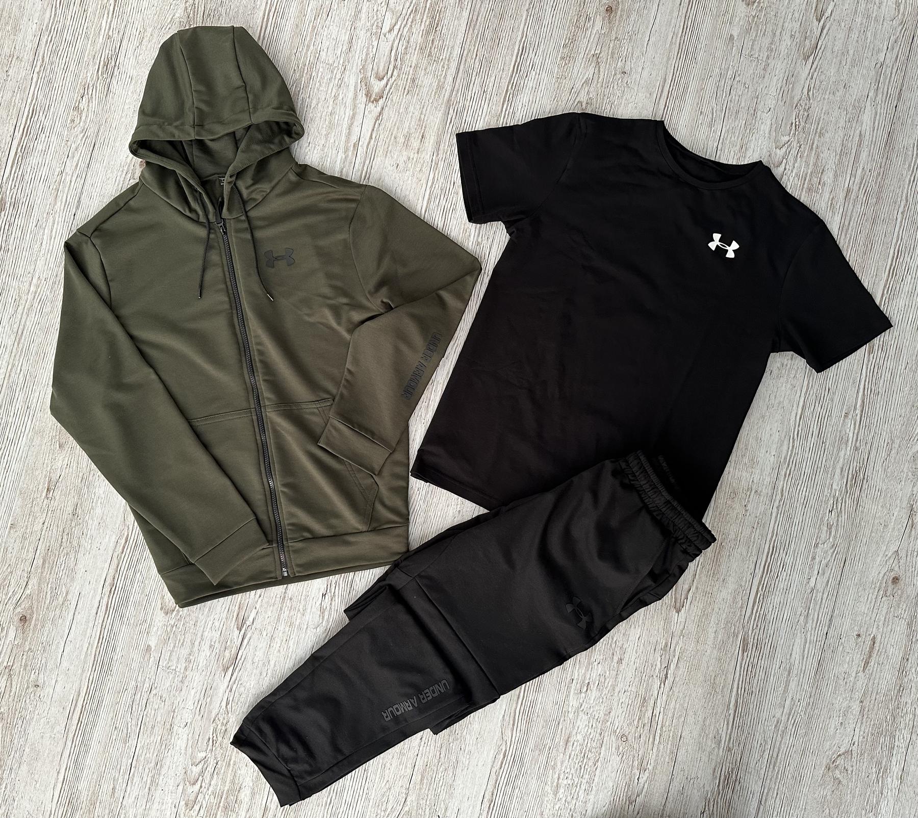 Демисезонный спортивный костюм Under Armour кофта на молнии хаки + штаны (двонитка) + Футболка черная Under
