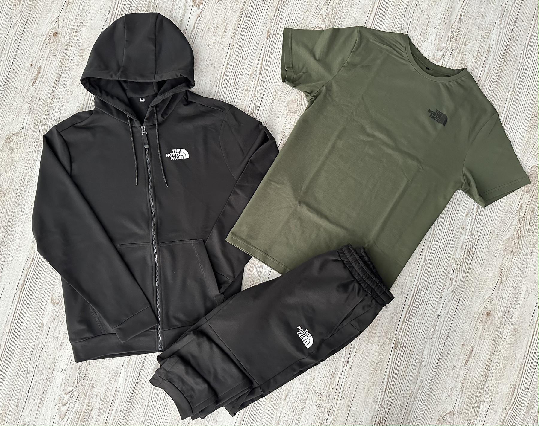 Демисезонный спортивный костюм The North Face черная кофта на молнии + штаны (двонитка) + Футболка хаки The
