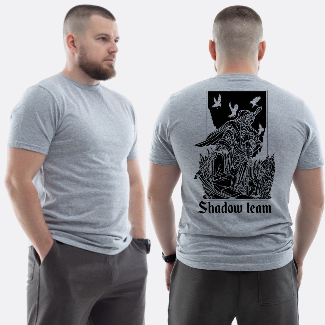 Чоловіча класична футболка з принтом Shadow team скелет смерть на кладовищі , Світло сірий