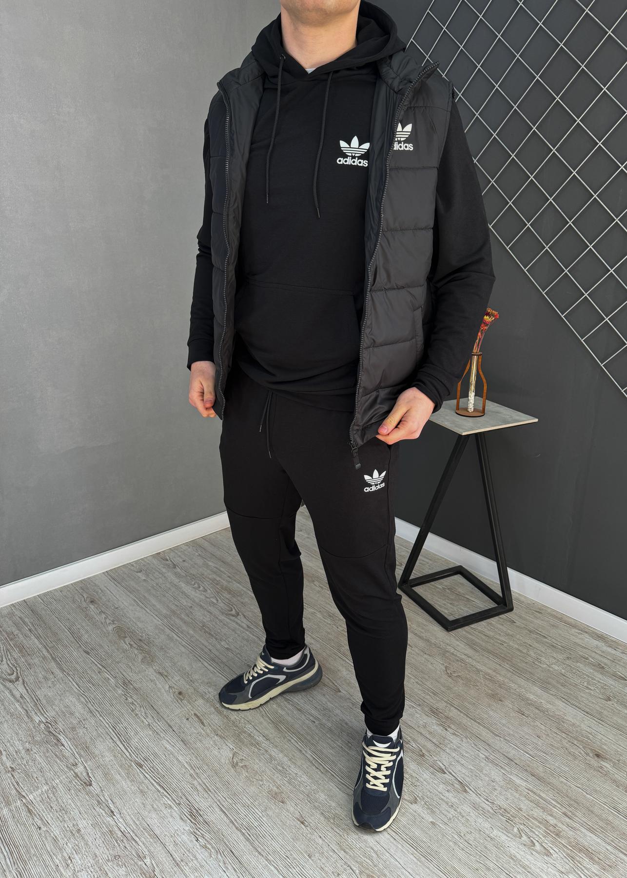 Демісезонний костюм худі/штани + жилетка Adidas чоловічий чорний плащівка практичний теплий з капюшоном комплект