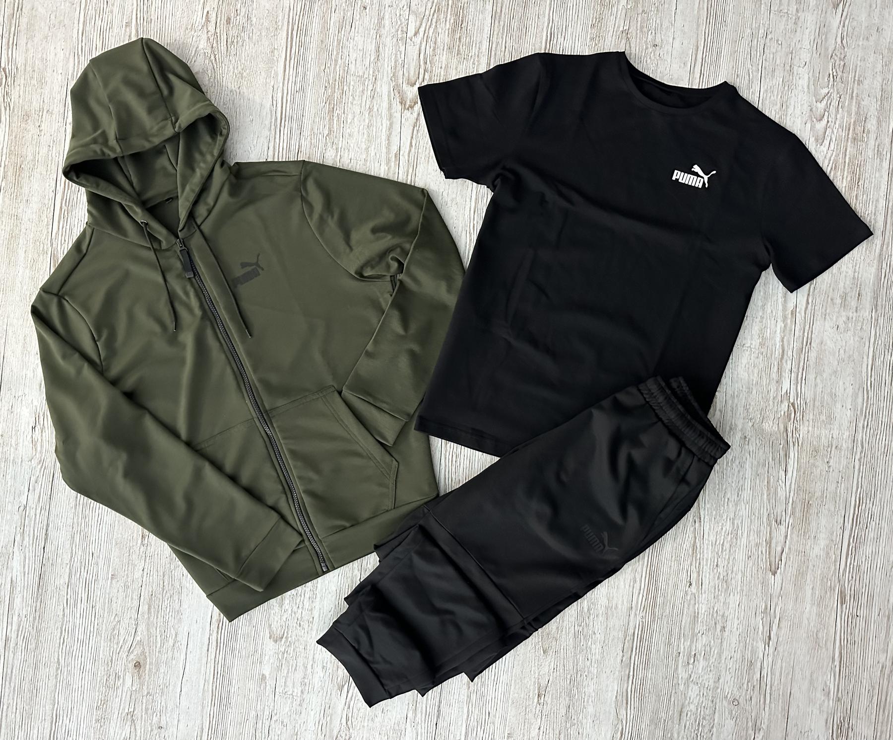Демисезонный спортивный костюм Puma кофта на молнии хаки + штаны (двонитка) + Футболка черная Puma + Жилетка