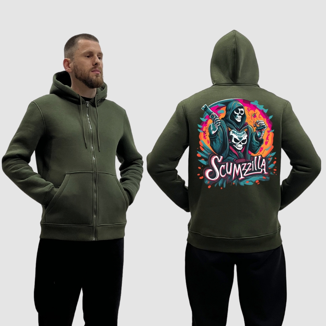 Чоловічий зіп-худі на флісі з принтом Scumzilla скелет у балахоні кольоровий арт, Хакі