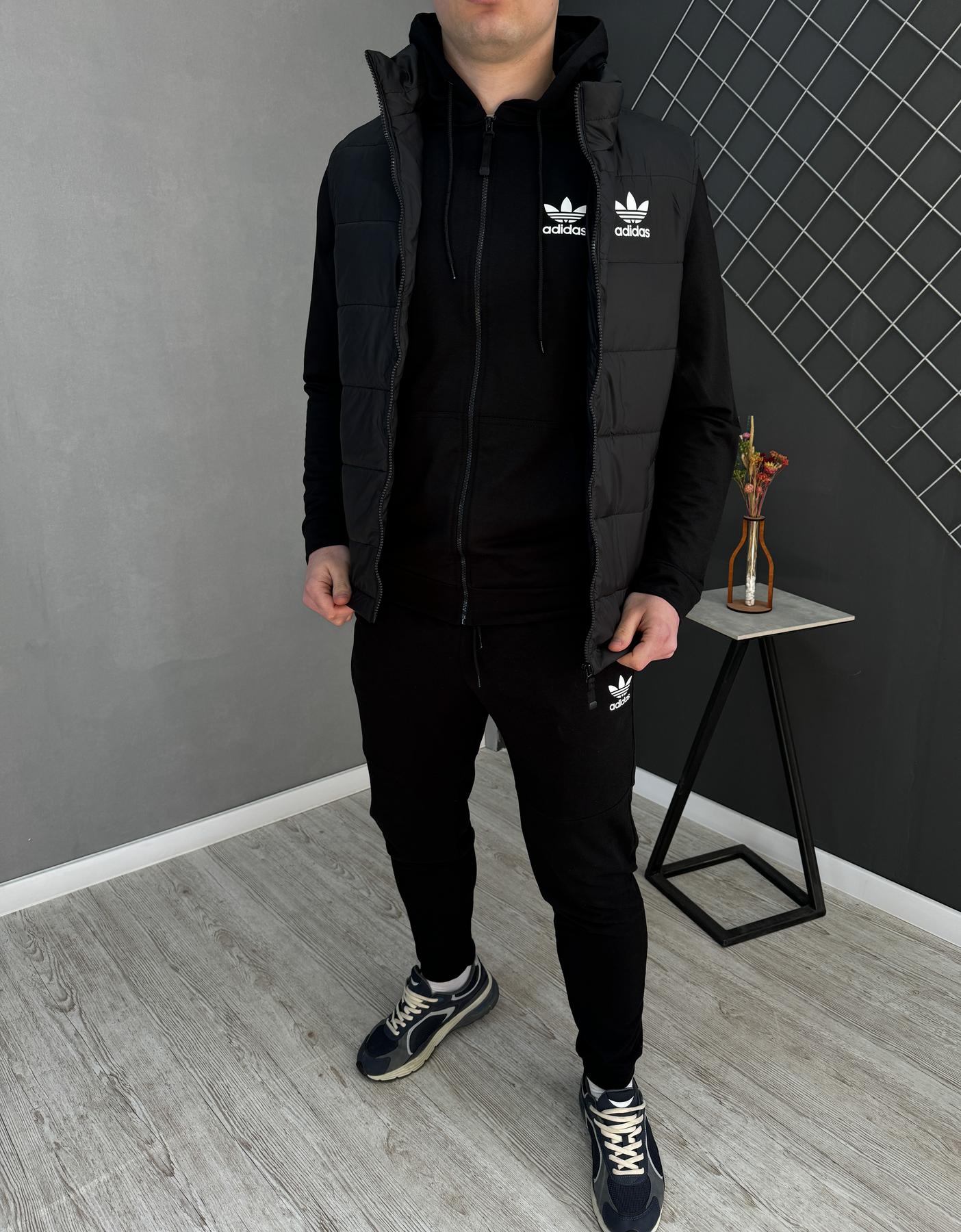 Демисезонный костюм на молнии + жилетка Adidas мужской черный плащевка универсальный с капюшоном комплект