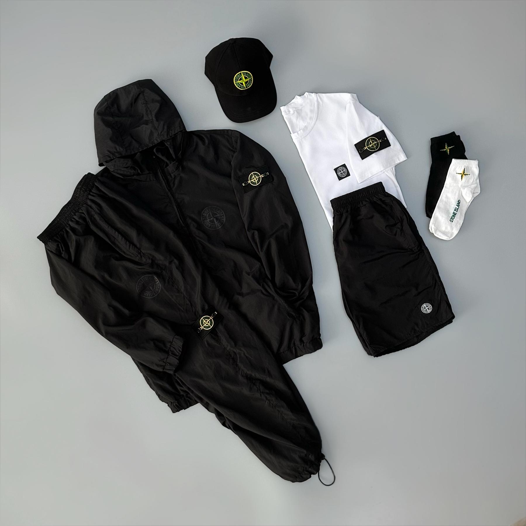 Костюм с плащевки Stone Island + футболка патч + кепка + носки + шорты с плащевки белый демисезонный комплект