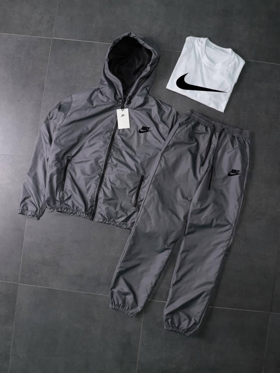 Костюм графіт з плащівки Вітровка+Штани +Футболка біла Nike-мал демісезонний універсальний та базовий комплект