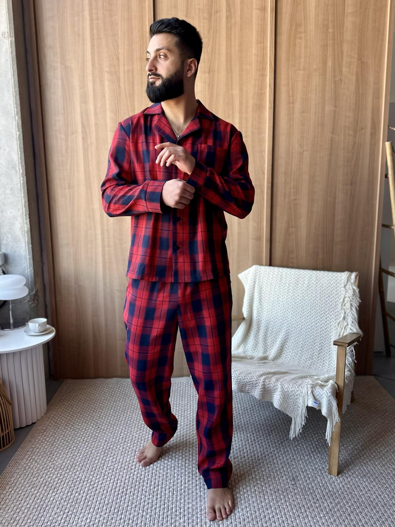 Піжамний комплект чоловічий "Глен" COSY з фланелі (штани+сорочка), клітина червоно-синя - фото 3