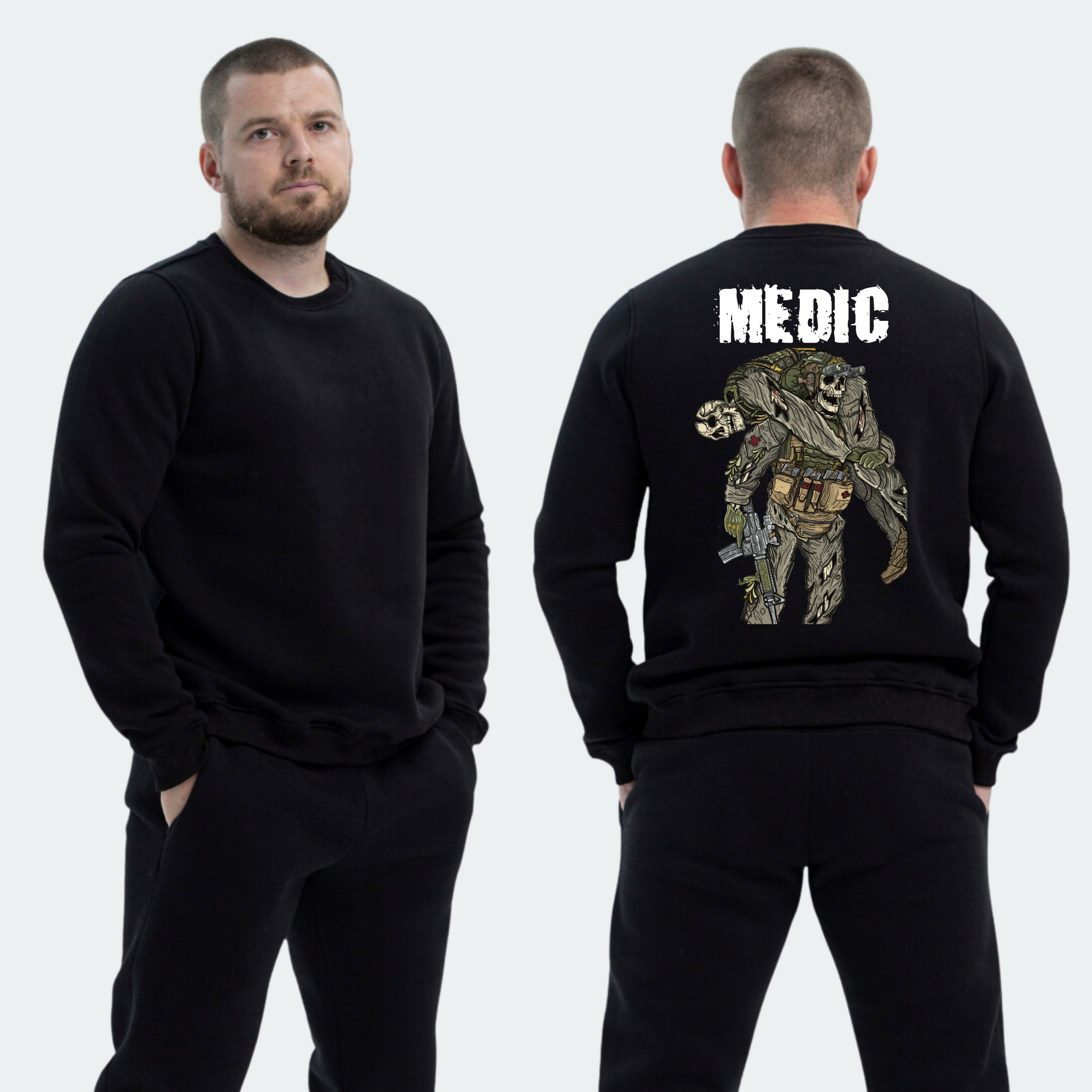 Чоловічий світшот на флісі з принтом Medic військовий медик скелет витягає пораненого, Чорний