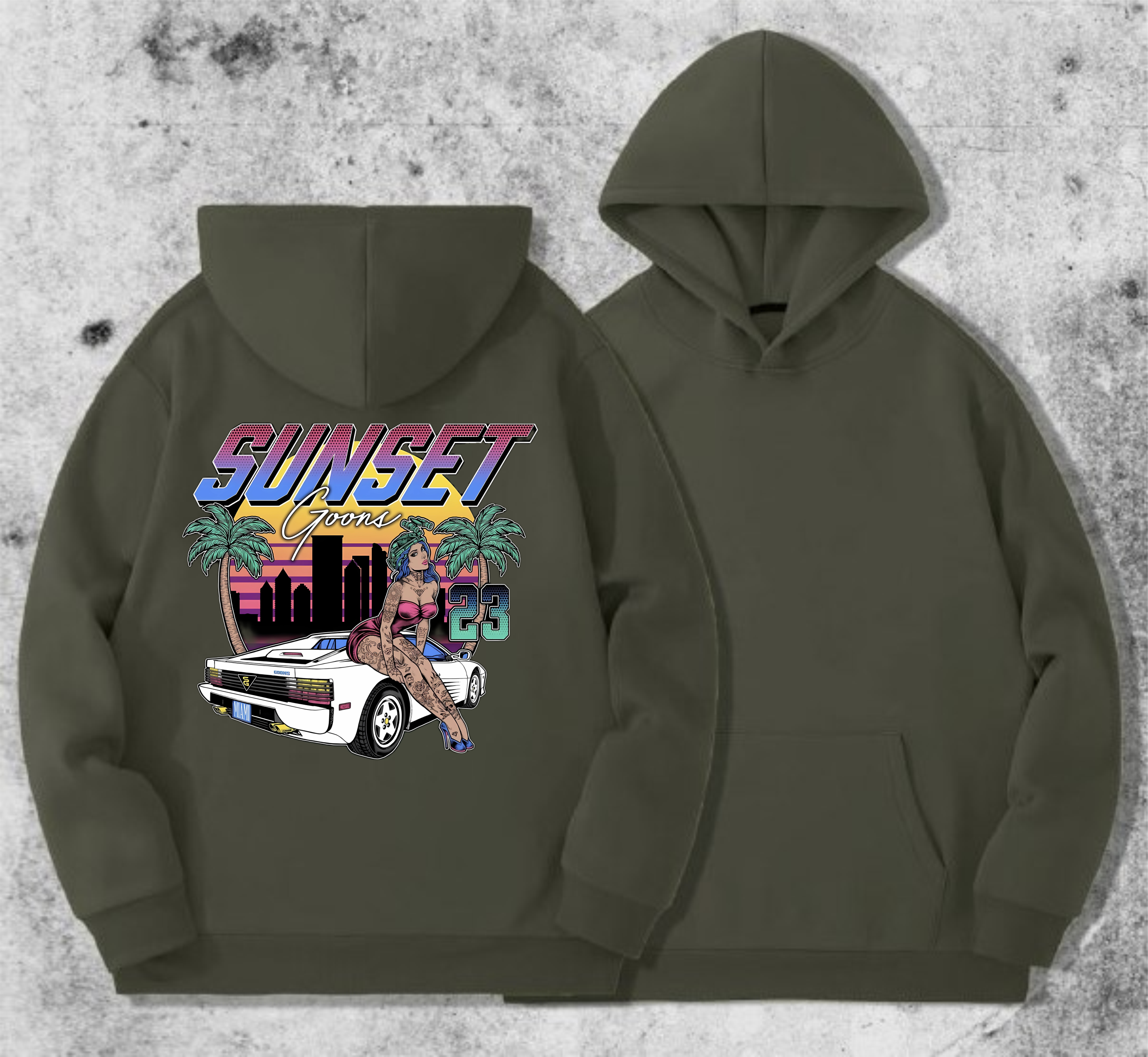 Худі чоловічий на флісі з принтом Sunset Goons Дівчина та авто , Хакі