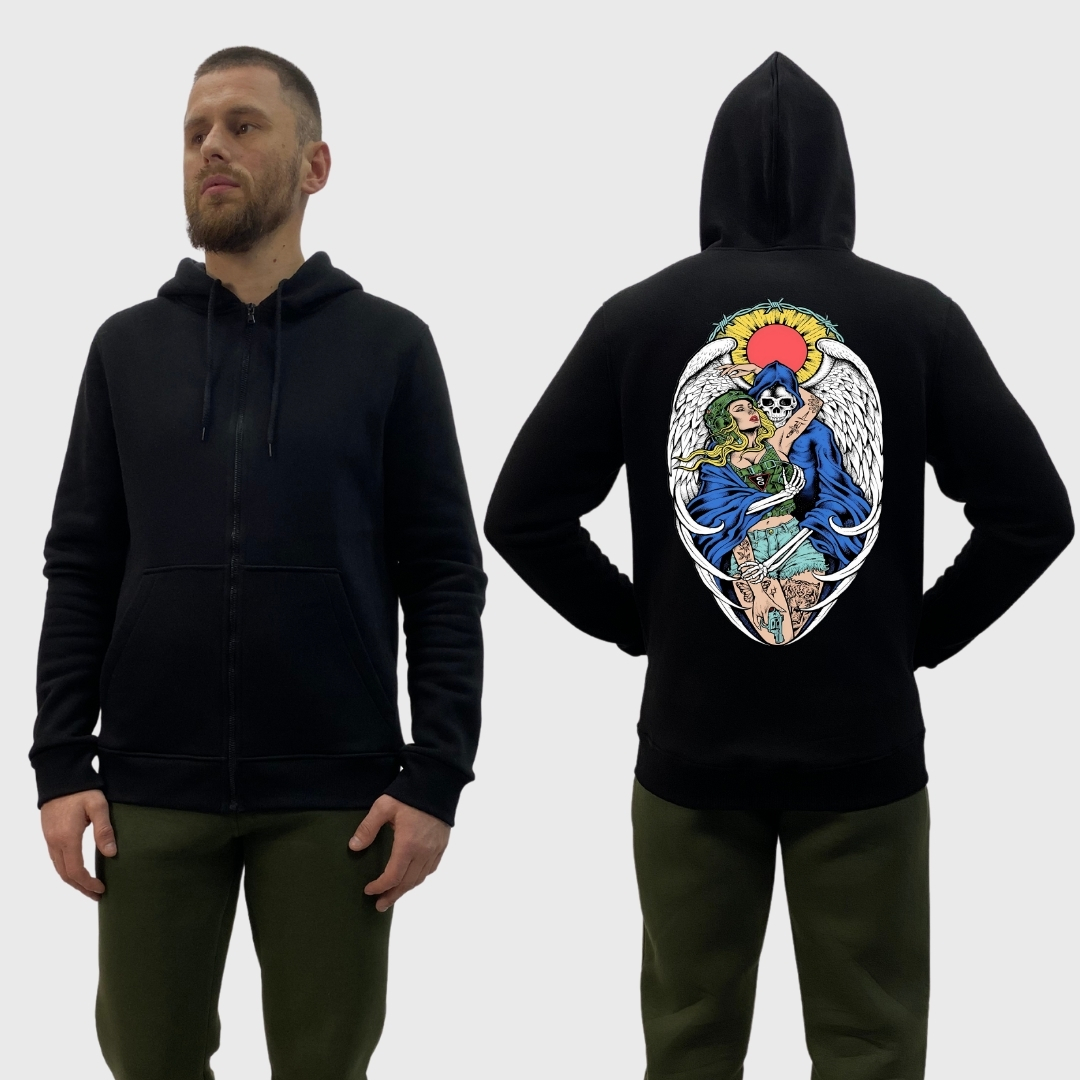 Чоловічий зіп-худі на флісі з принтом Sunset Goons дівчина та скелет янгол, Чорний