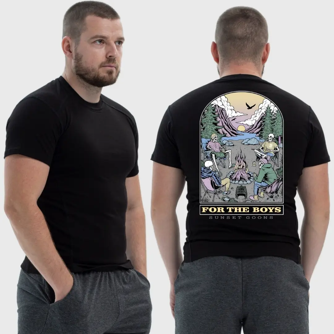 Чоловіча тактична футболка з принтом Sunset Goons for the boys для хлопців скелети біля вогнища, Чорний